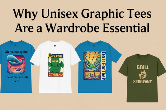 4 unisex shirts that feature graphic images are in front of a beige background under the words "Why Unisex Graphic Tees Are a Wardrobe Essential."