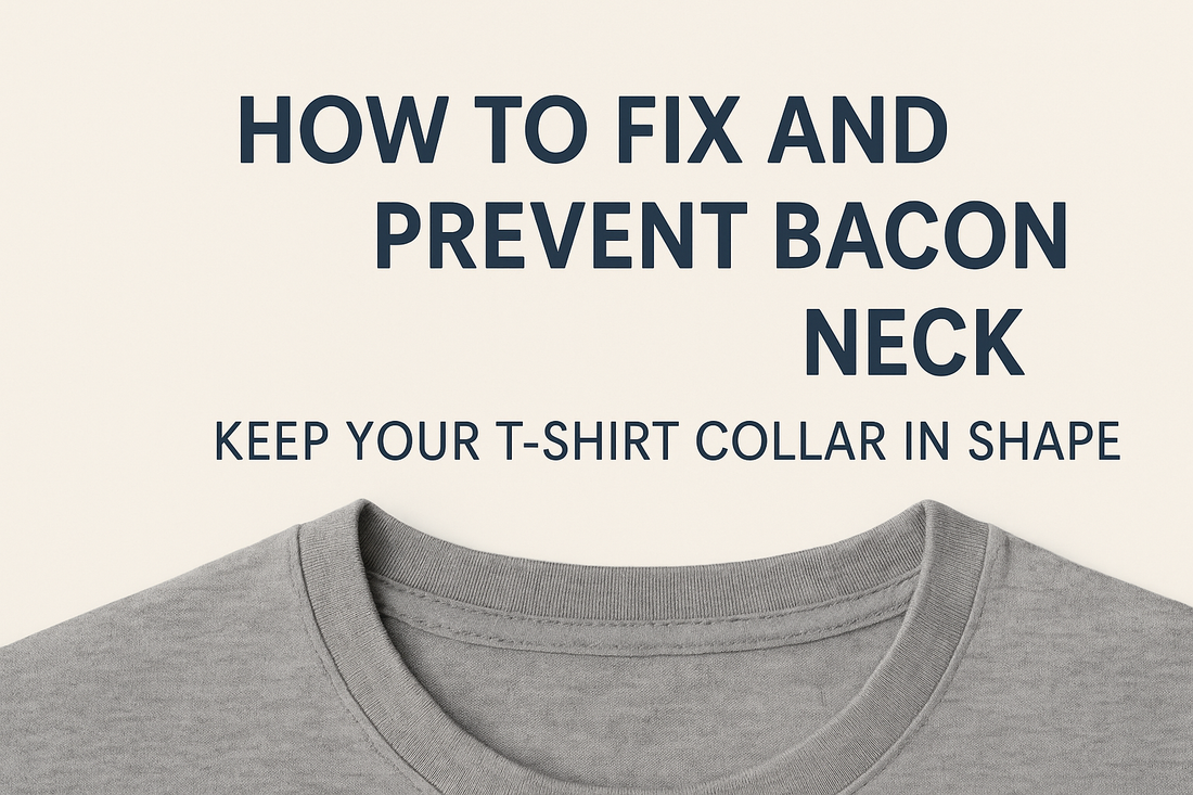 The picture of the collar of a grey t-shirt with the text "How to Fix and Prevent Bacon Neck: Keep Your T-shirt Collar in Shape"