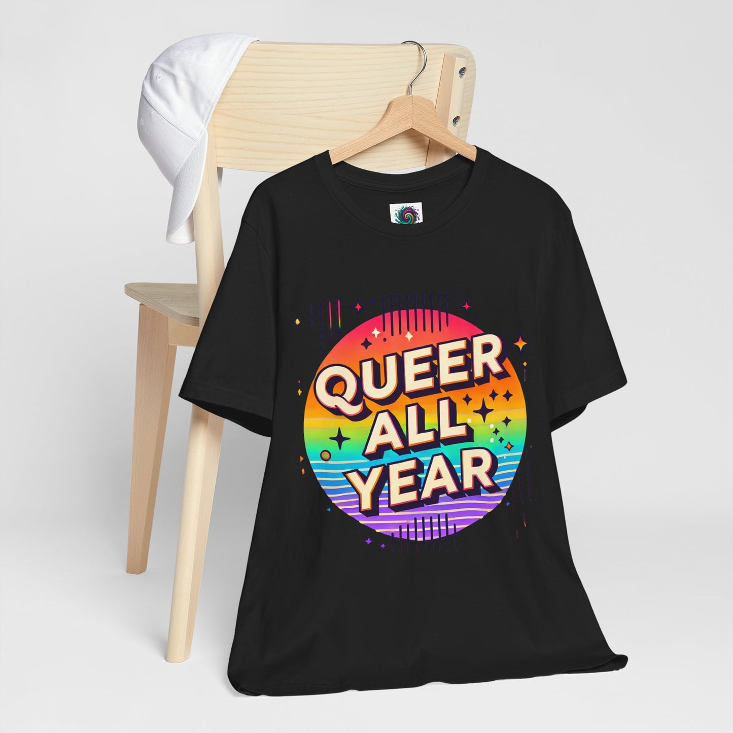 Queer All Year Tee – Retro Rainbow LGBTQ+ Graphic Shirt - WhimSpin