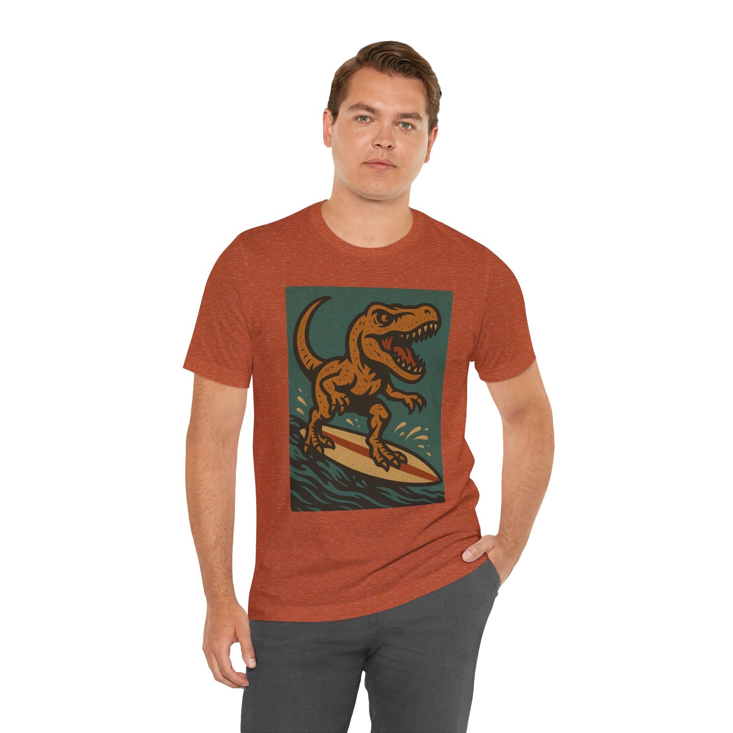 Surfing T-Rex T-Shirt – Funny Dinosaur Graphic Tee for Summer Vibes - WhimSpin - https://whimspin.com