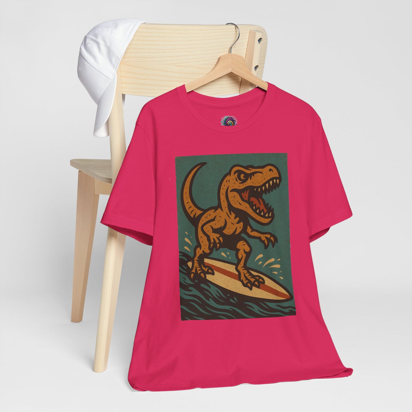 Surfing T-Rex T-Shirt – Funny Dinosaur Graphic Tee for Summer Vibes - WhimSpin - https://whimspin.com