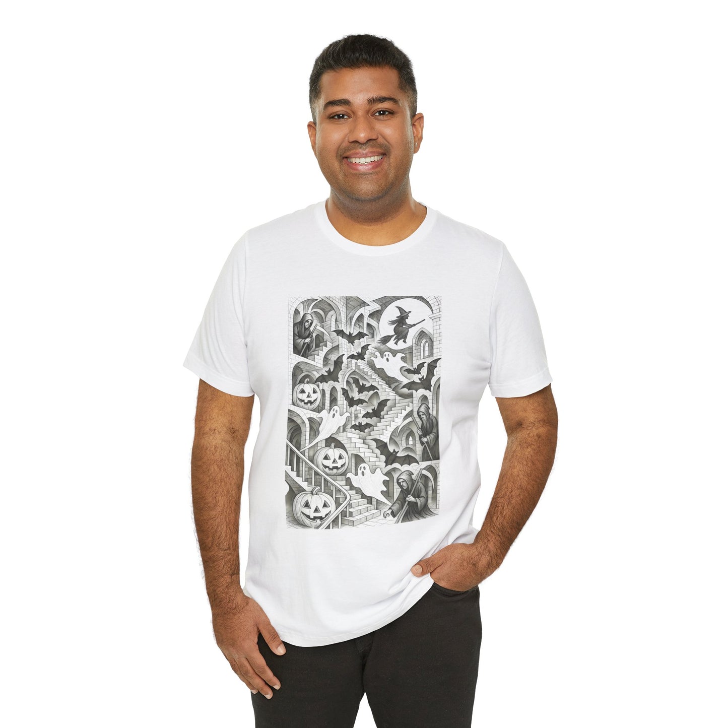 Haunted Hallways T-Shirt – Escher-Inspired Halloween Graphic Tee