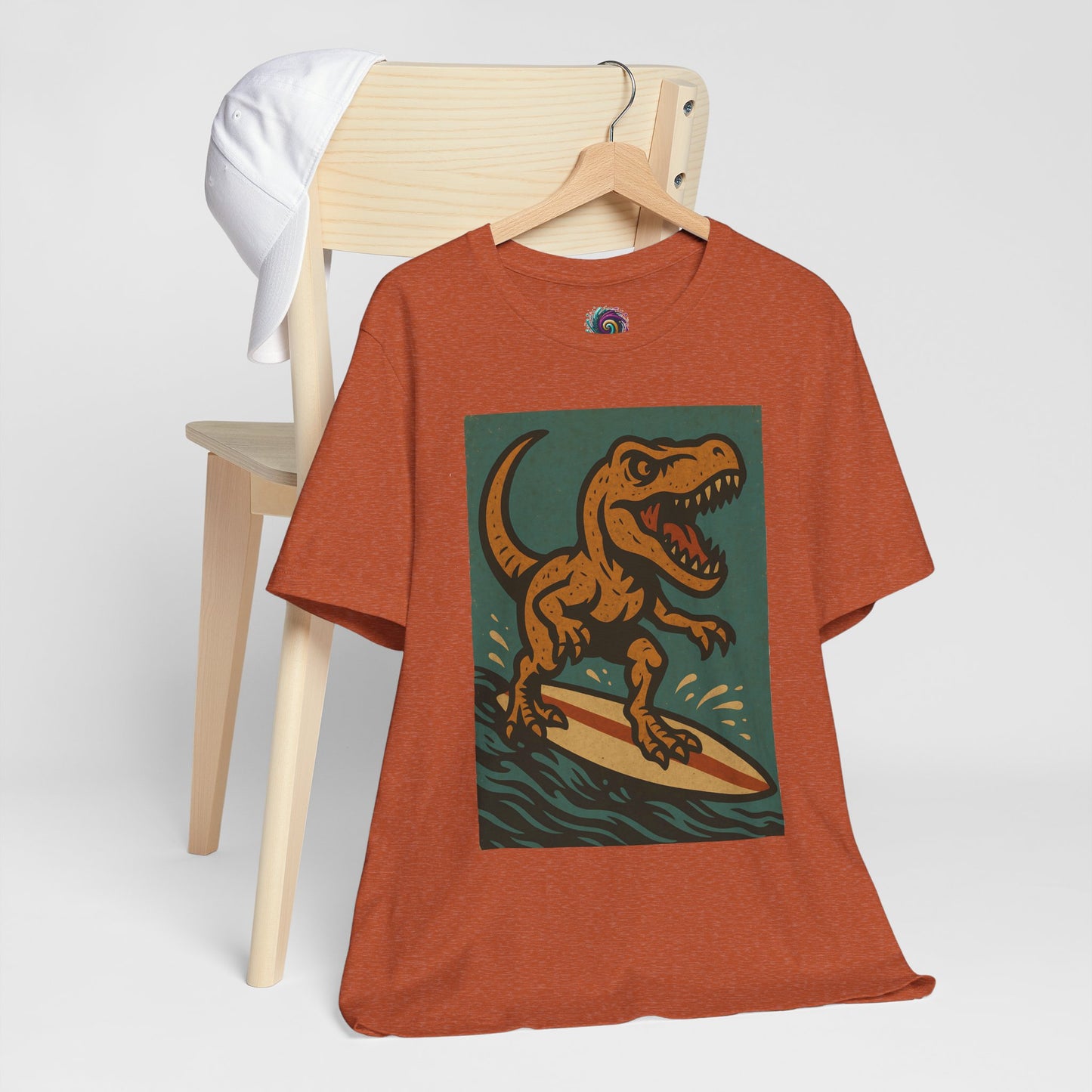 Surfing T-Rex T-Shirt – Funny Dinosaur Graphic Tee for Summer Vibes - WhimSpin - https://whimspin.com
