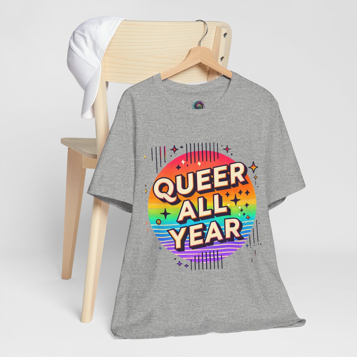 Queer All Year Tee – Retro Rainbow LGBTQ+ Graphic Shirt