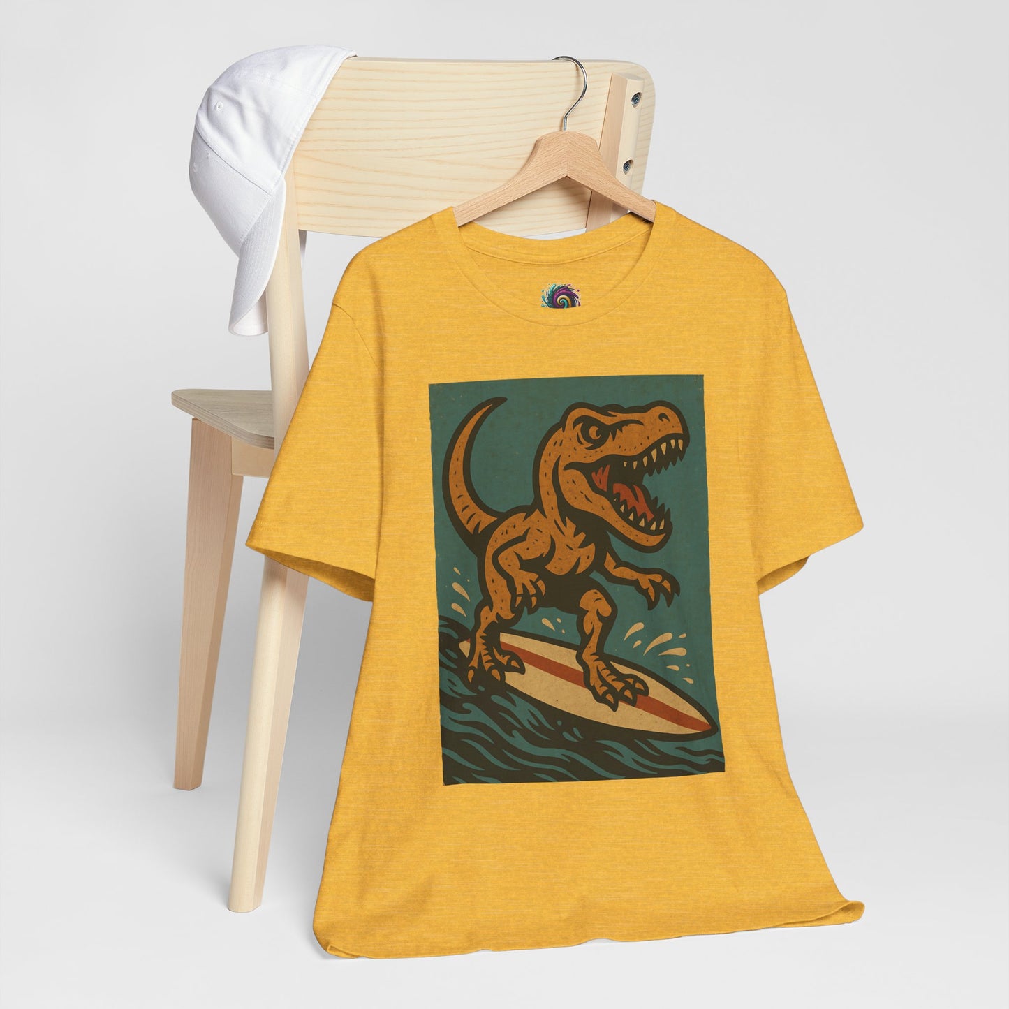 Surfing T-Rex T-Shirt – Funny Dinosaur Graphic Tee for Summer Vibes - WhimSpin - https://whimspin.com