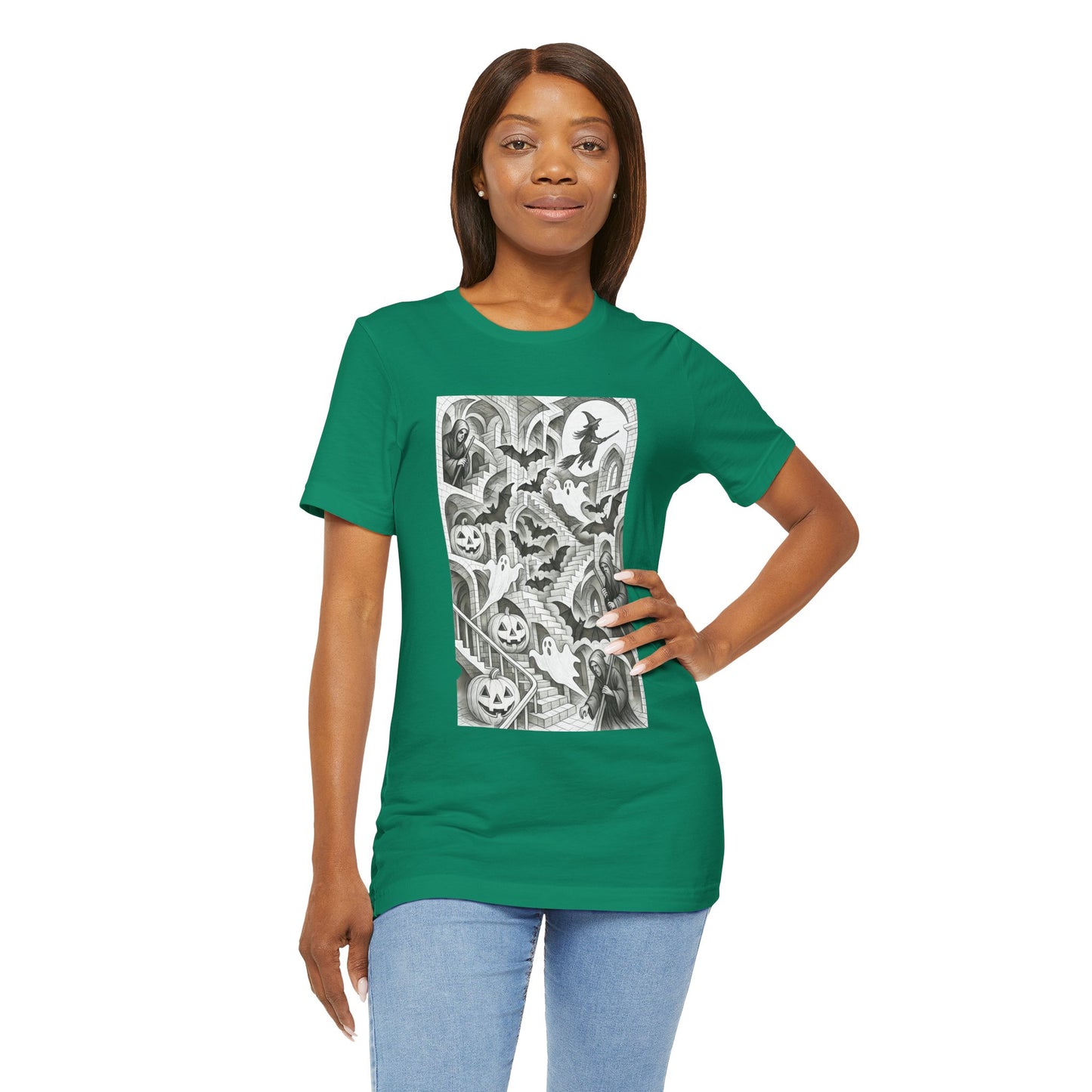 Haunted Hallways T-Shirt – Escher-Inspired Halloween Graphic Tee