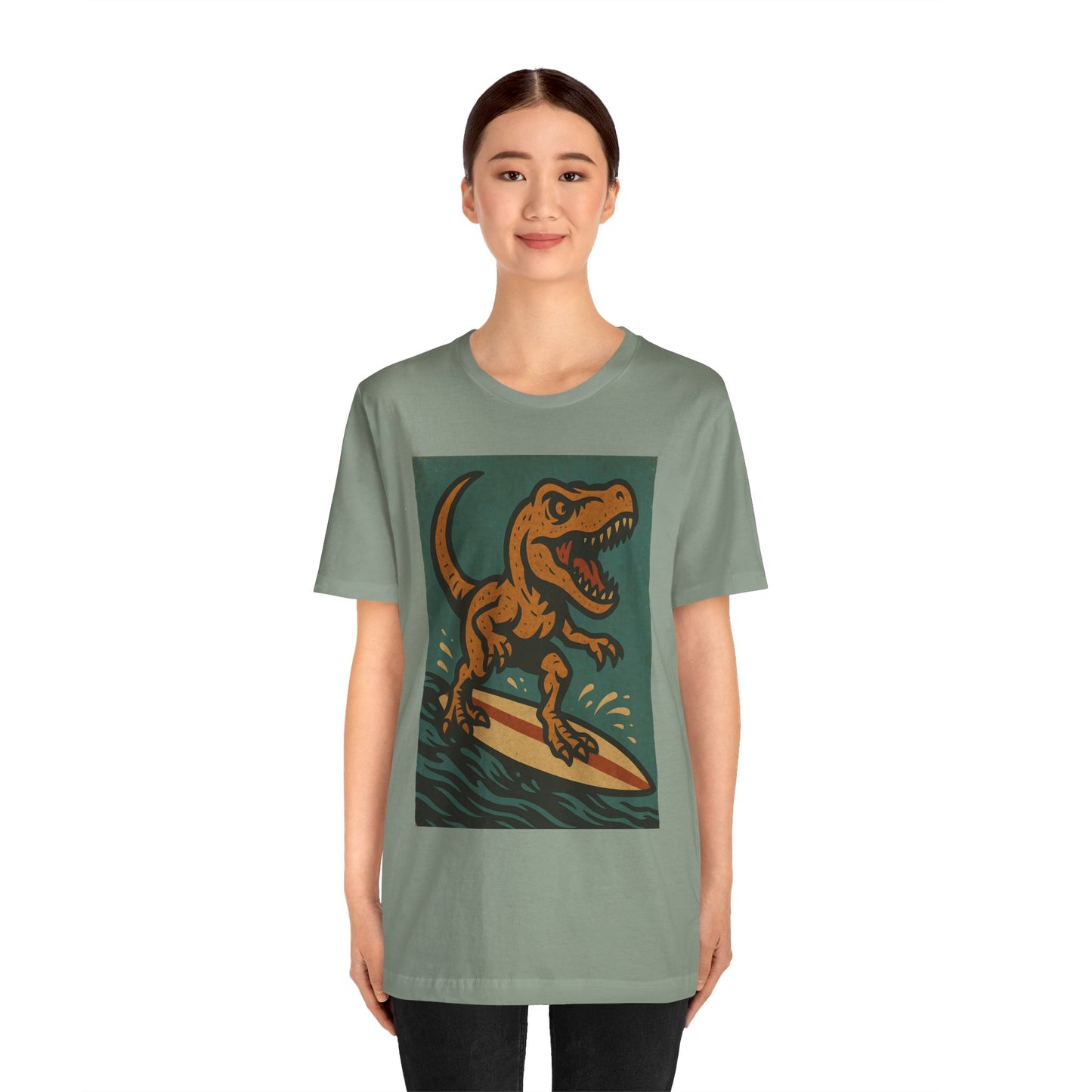 Surfing T-Rex T-Shirt – Funny Dinosaur Graphic Tee for Summer Vibes - WhimSpin - https://whimspin.com