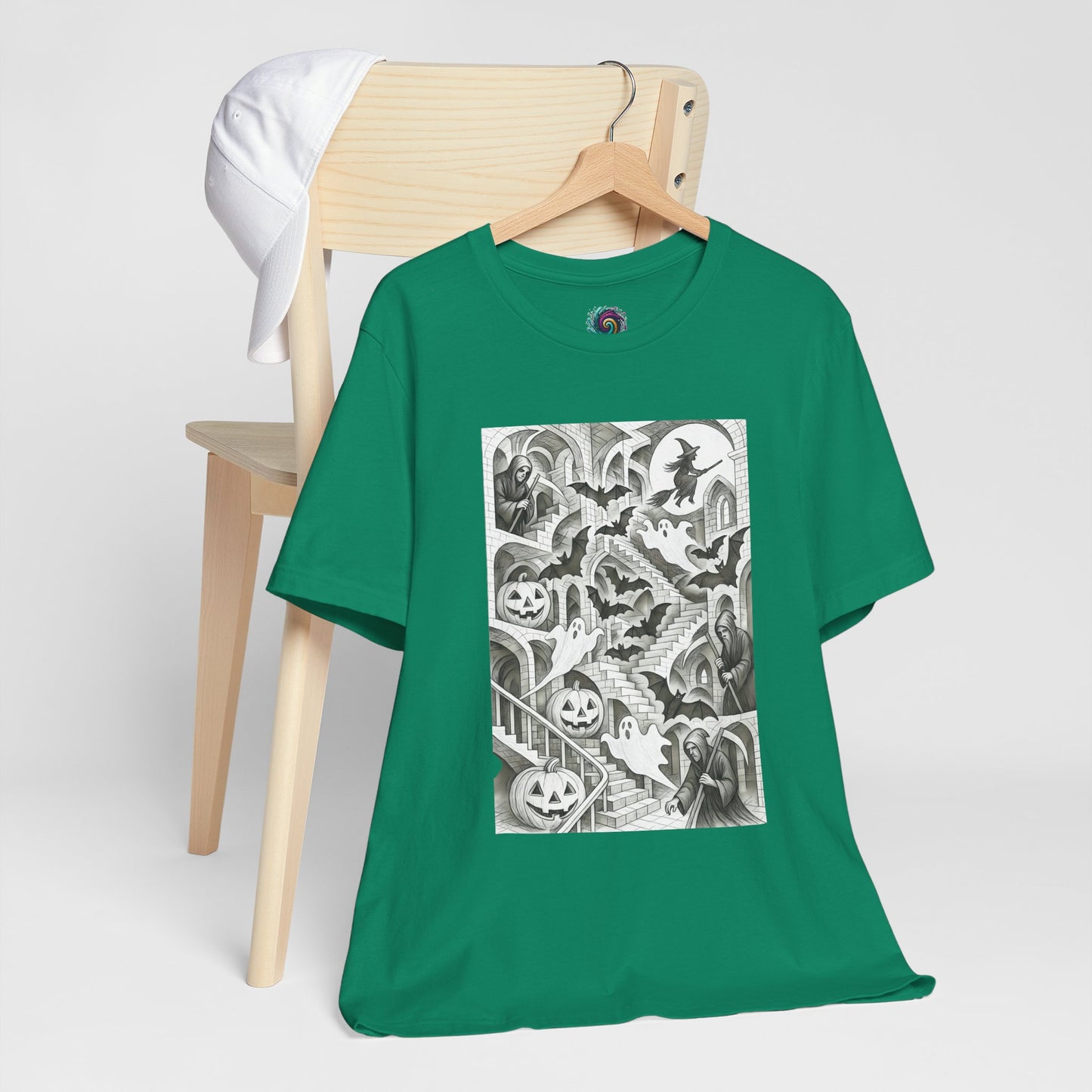 Haunted Hallways T-Shirt – Escher-Inspired Halloween Graphic Tee
