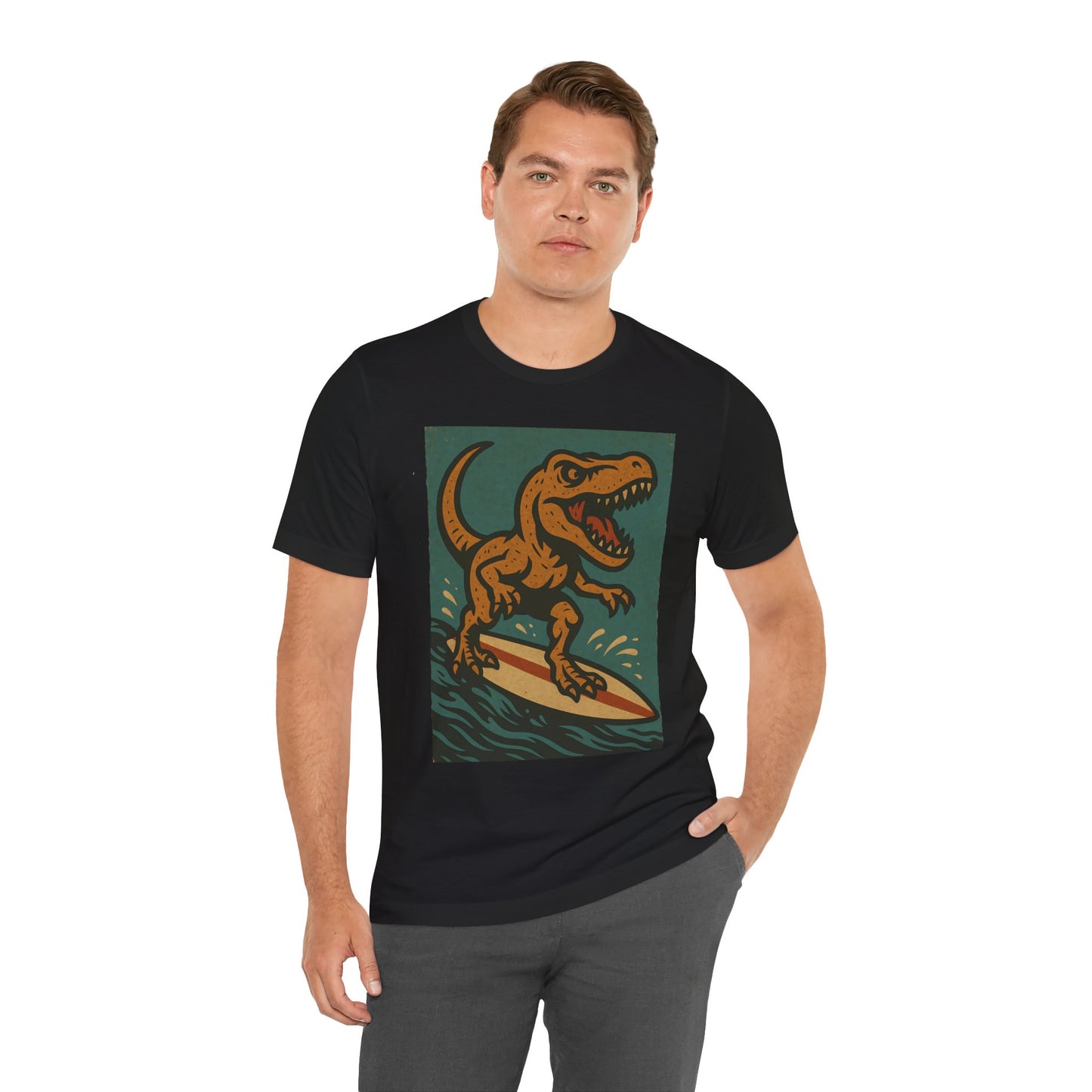 Surfing T-Rex T-Shirt – Funny Dinosaur Graphic Tee for Summer Vibes - WhimSpin - https://whimspin.com