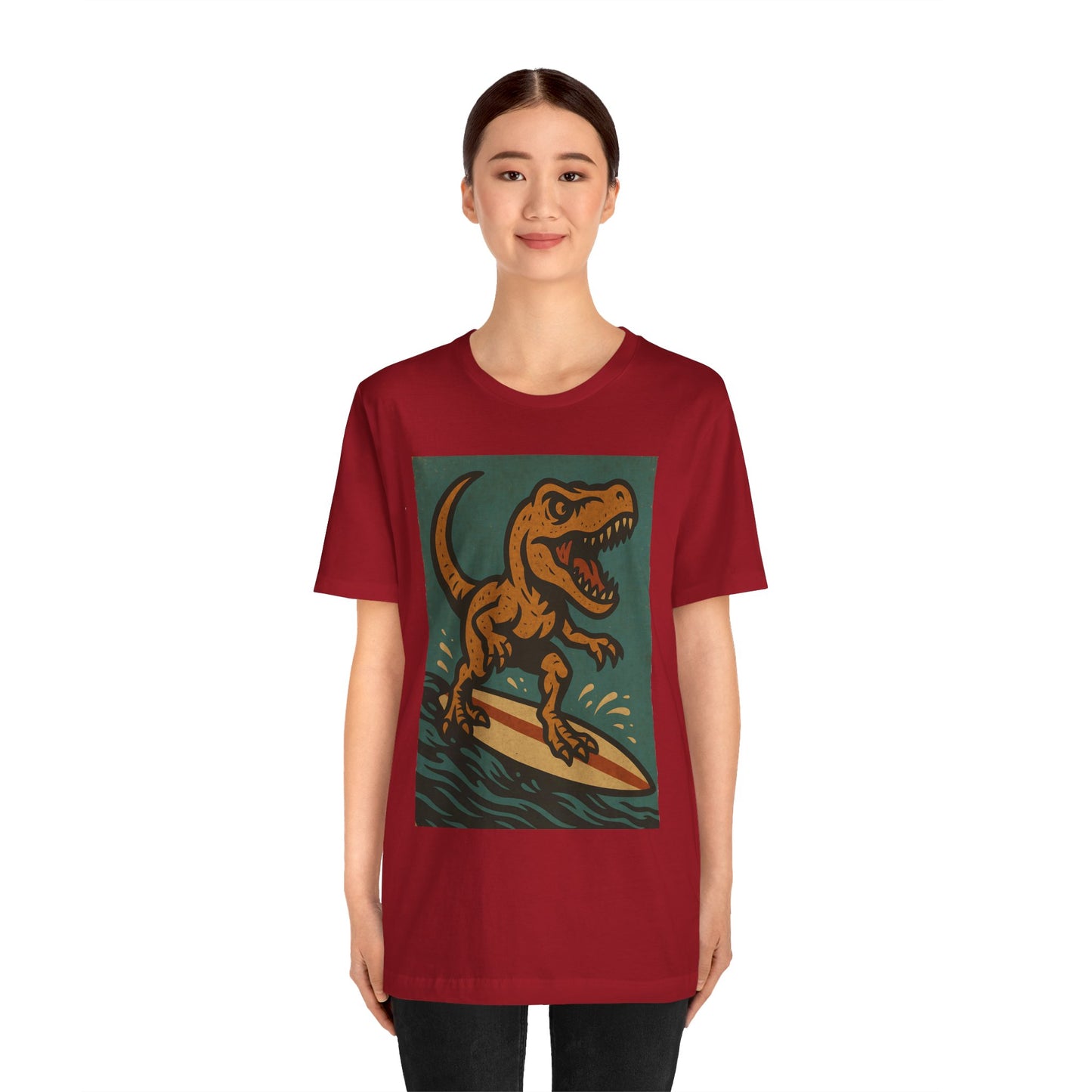 Surfing T-Rex T-Shirt – Funny Dinosaur Graphic Tee for Summer Vibes - WhimSpin - https://whimspin.com