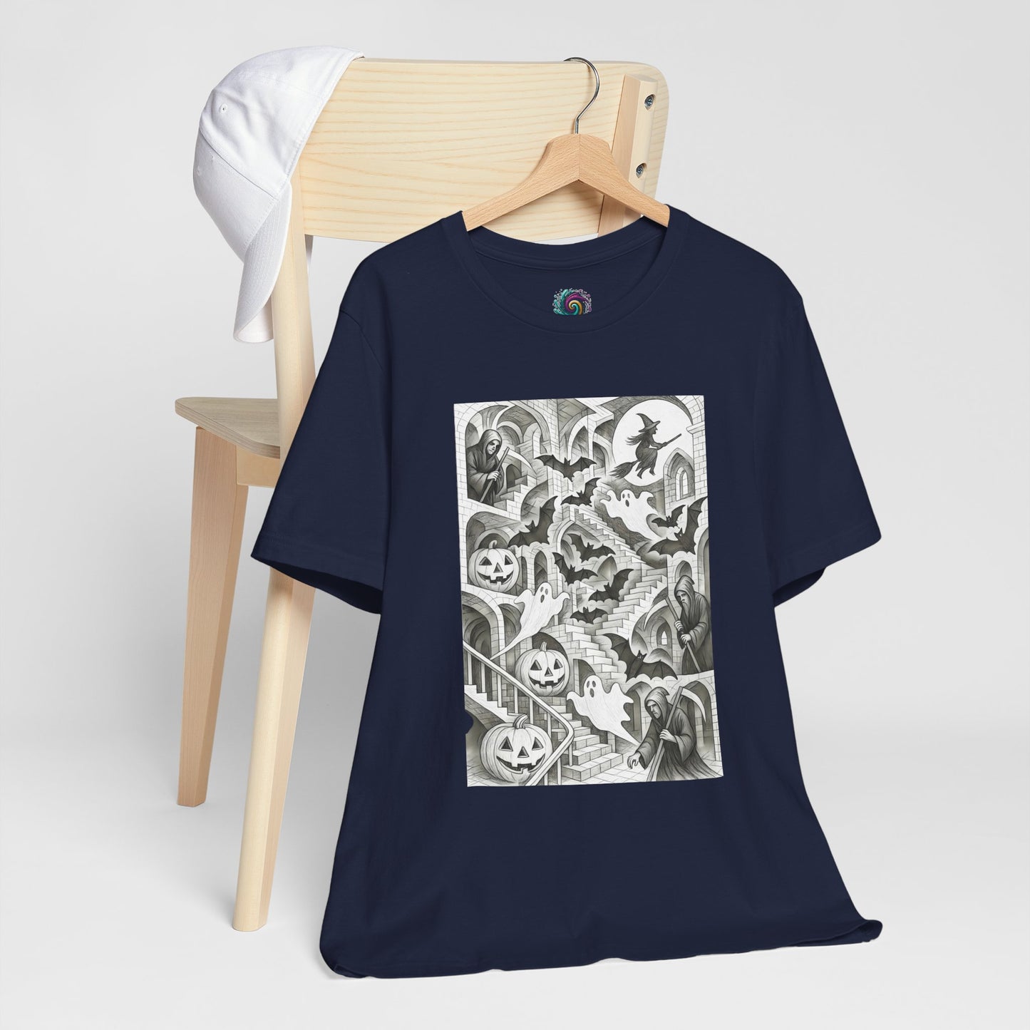Haunted Hallways T-Shirt – Escher-Inspired Halloween Graphic Tee