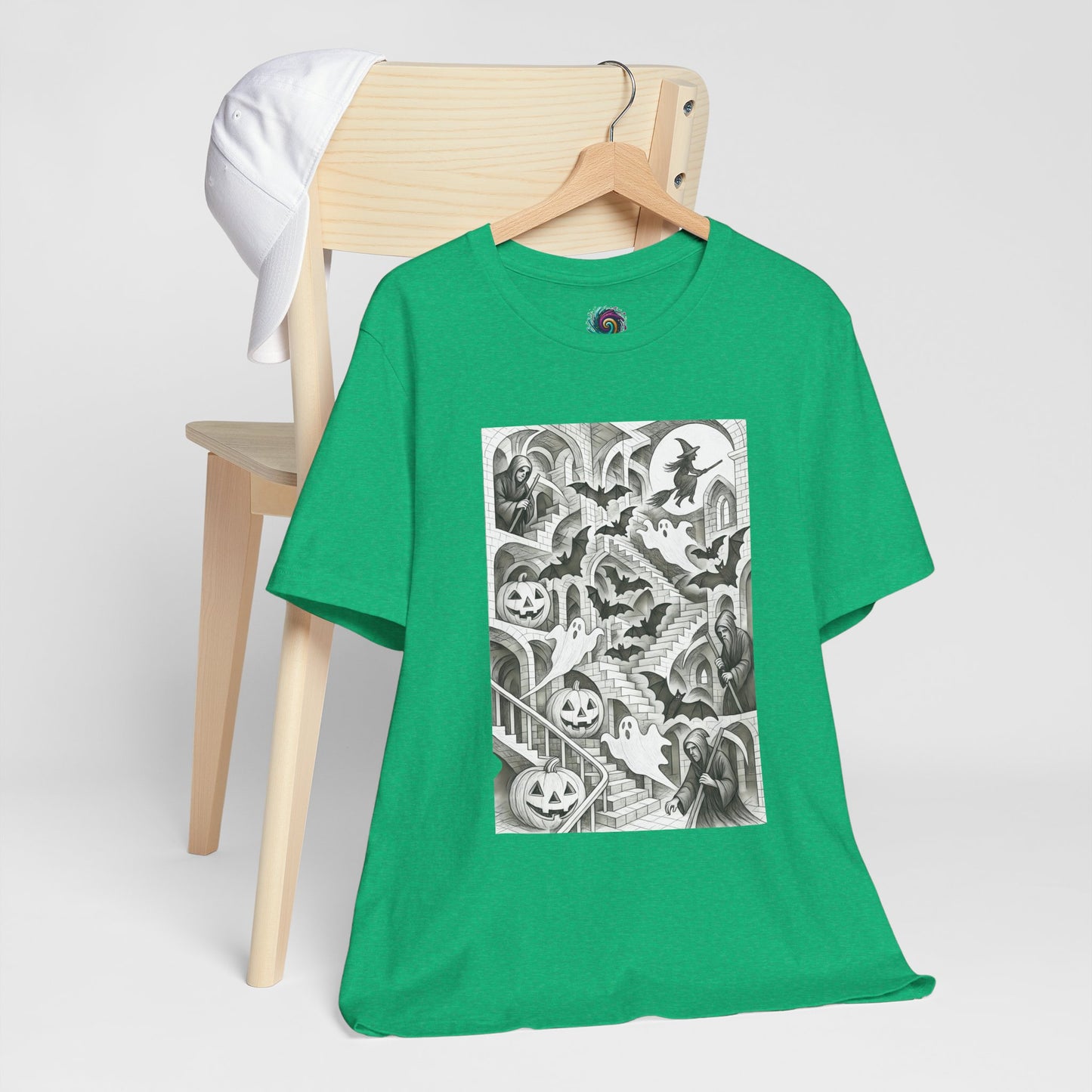 Haunted Hallways T-Shirt – Escher-Inspired Halloween Graphic Tee