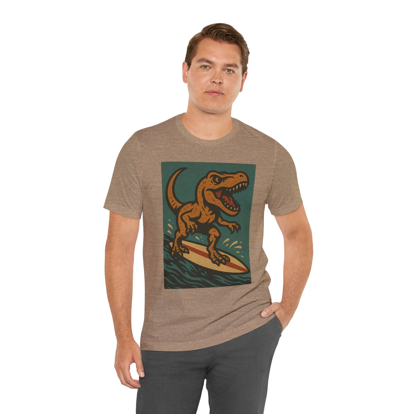 Surfing T-Rex T-Shirt – Funny Dinosaur Graphic Tee for Summer Vibes - WhimSpin - https://whimspin.com