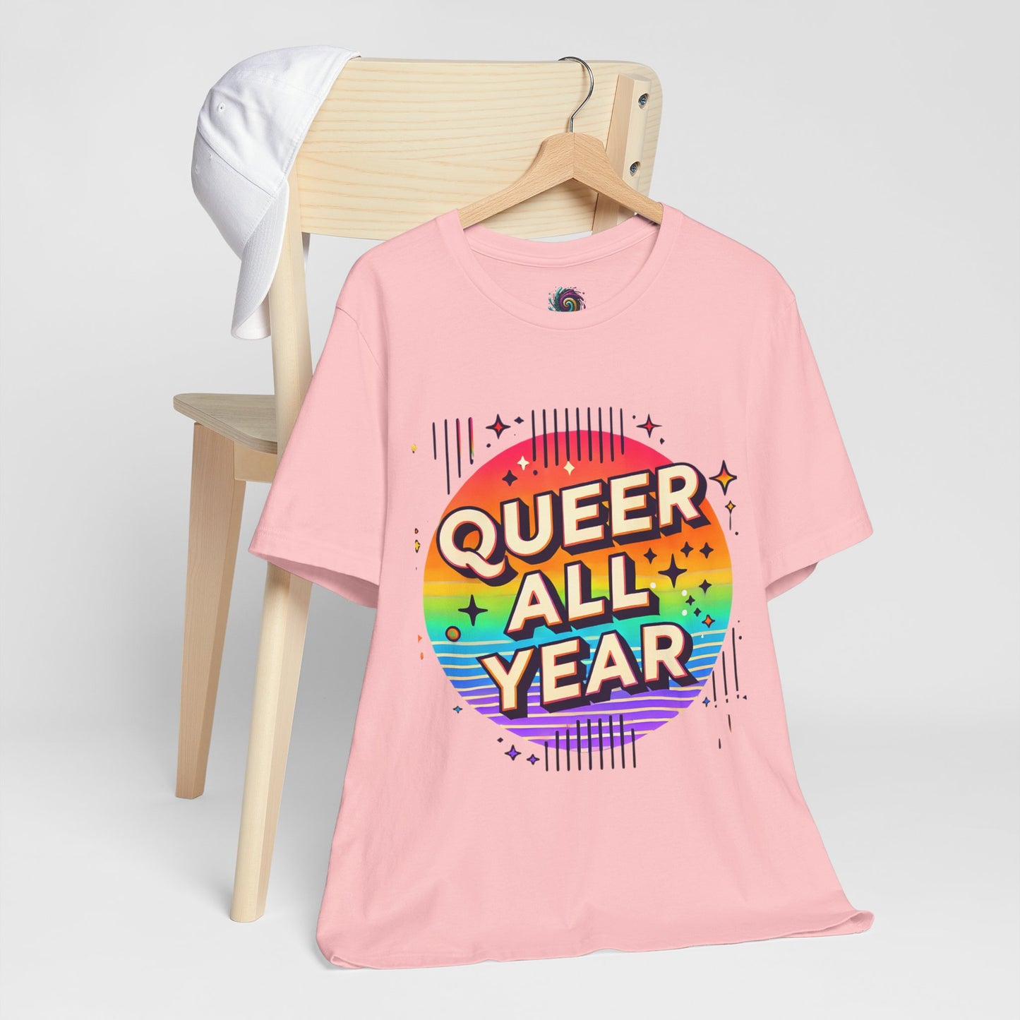 Queer All Year Tee – Retro Rainbow LGBTQ+ Graphic Shirt