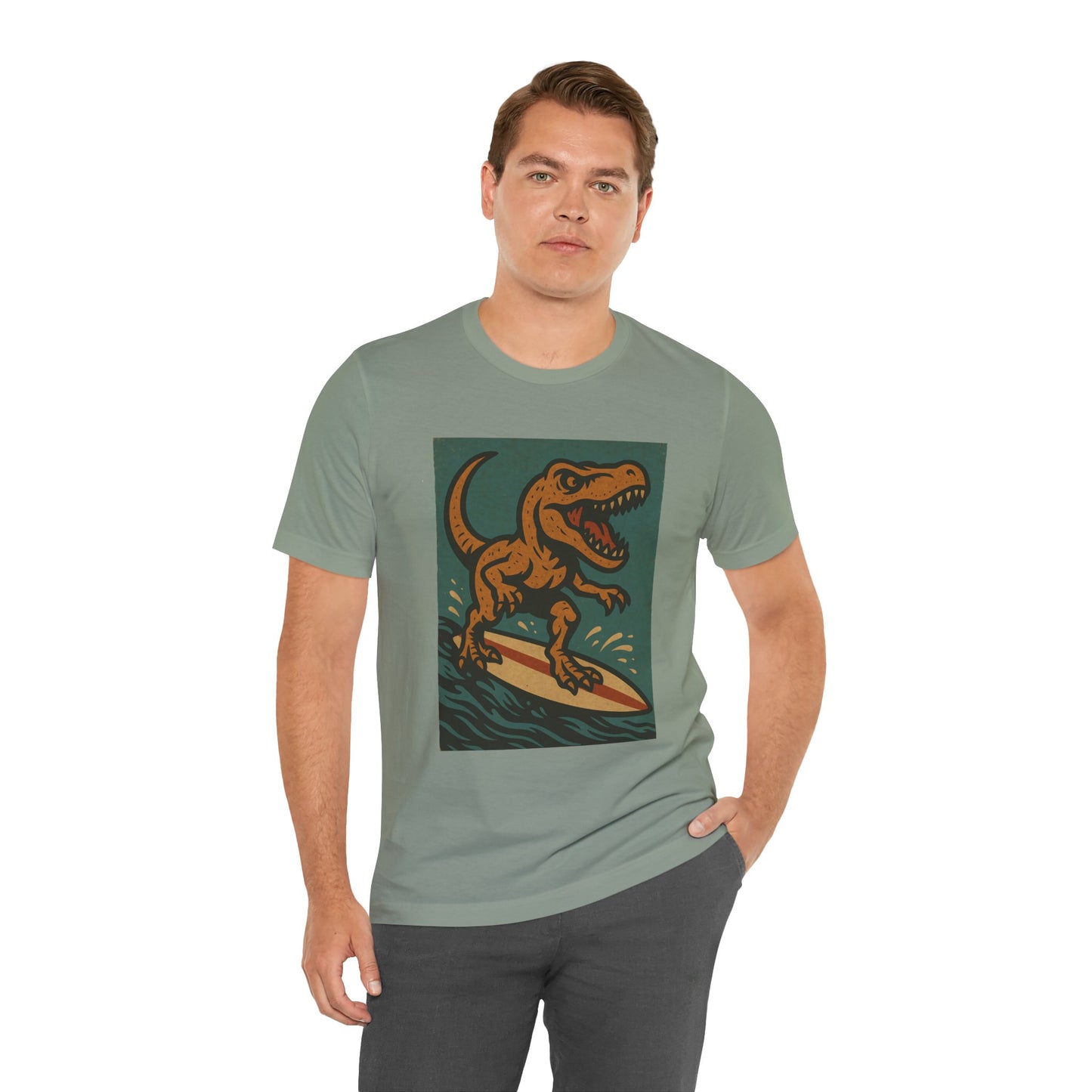 Surfing T-Rex T-Shirt – Funny Dinosaur Surfing Graphic Tee