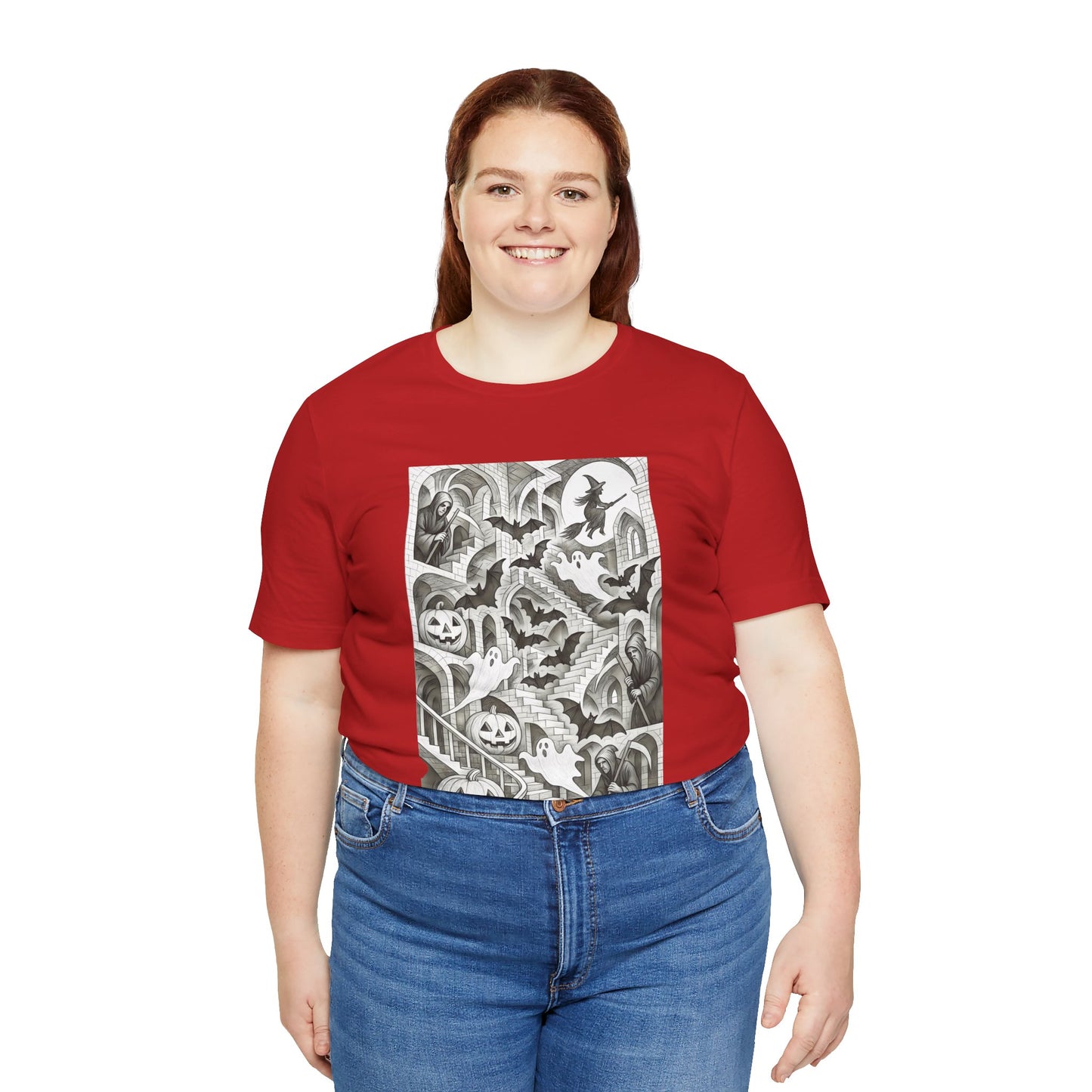 Haunted Hallways T-Shirt – Escher-Inspired Halloween Graphic Tee