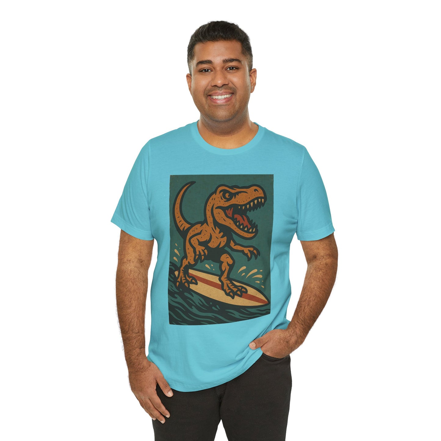 Surfing T-Rex T-Shirt – Funny Dinosaur Graphic Tee for Summer Vibes - WhimSpin - https://whimspin.com
