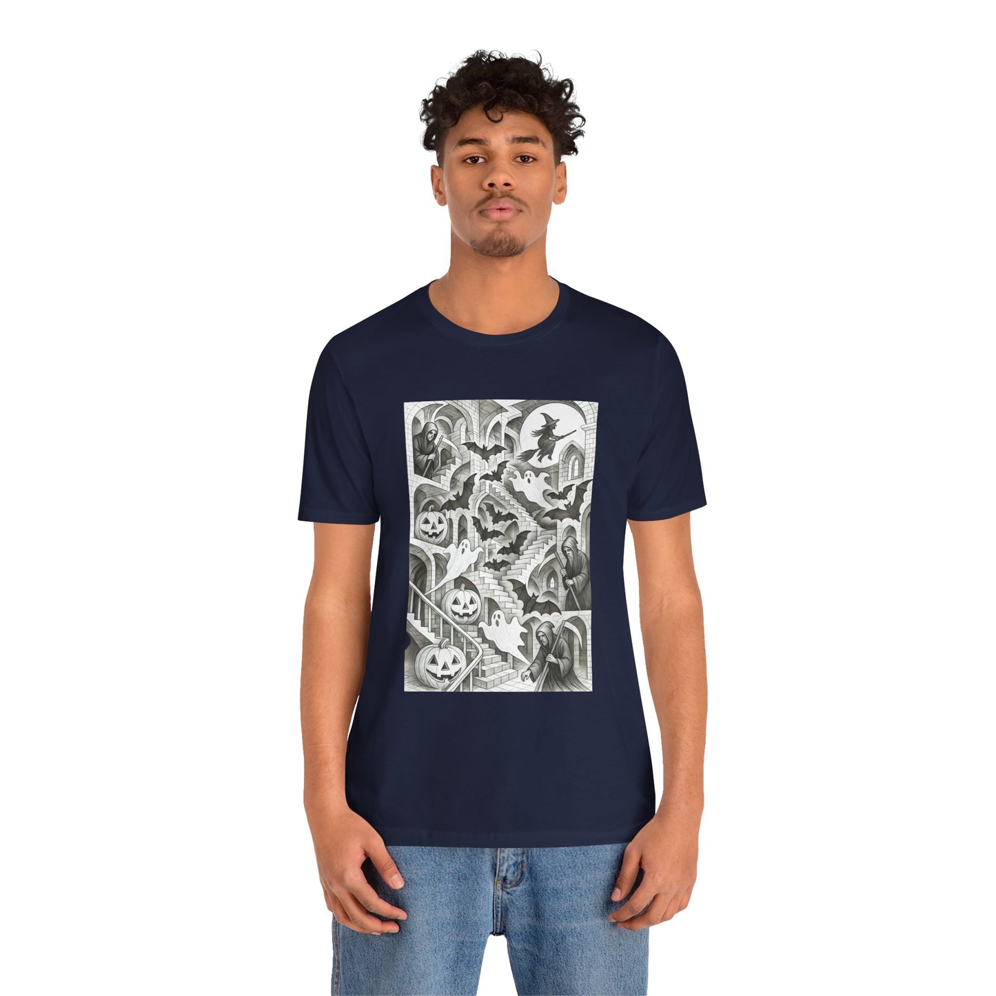 Haunted Hallways T-Shirt – Escher-Inspired Halloween Graphic Tee