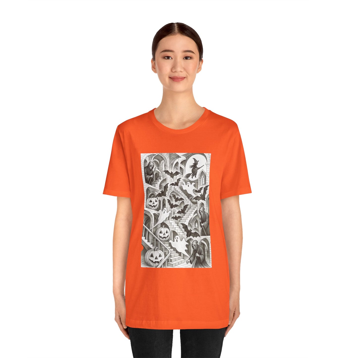 Haunted Hallways T-Shirt – Escher-Inspired Halloween Graphic Tee