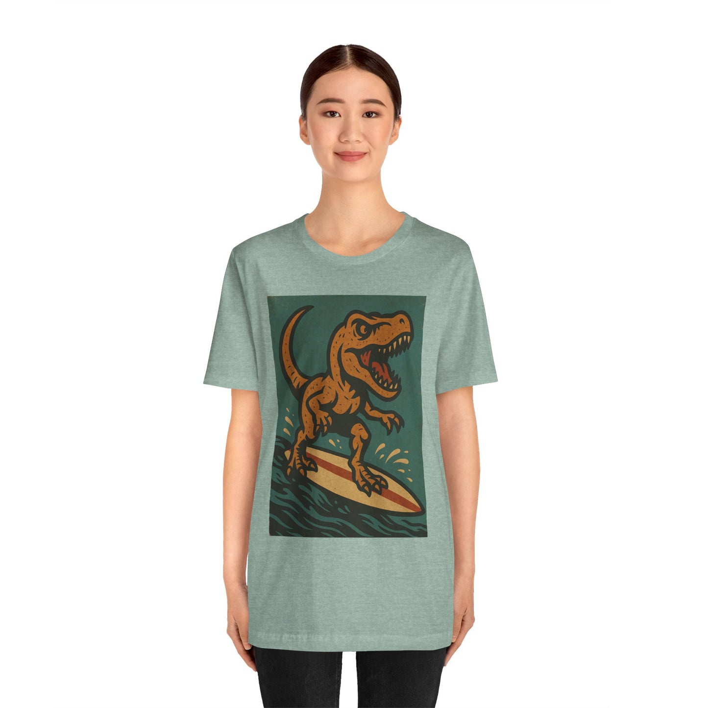 Surfing T-Rex T-Shirt – Funny Dinosaur Graphic Tee for Summer Vibes - WhimSpin - https://whimspin.com