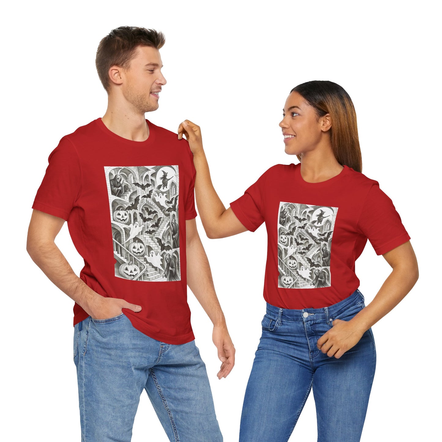 Haunted Hallways T-Shirt – Escher-Inspired Halloween Graphic Tee