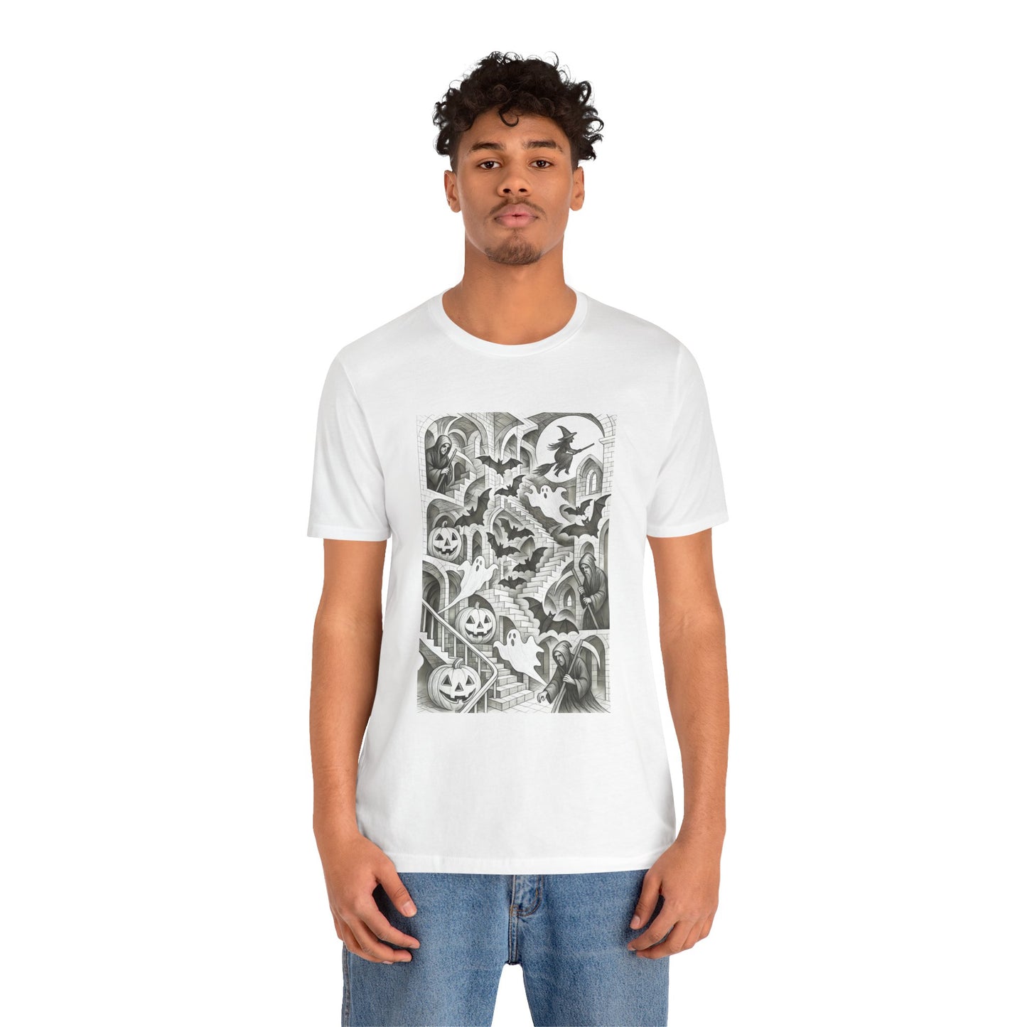 Haunted Hallways T-Shirt – Escher-Inspired Halloween Graphic Tee