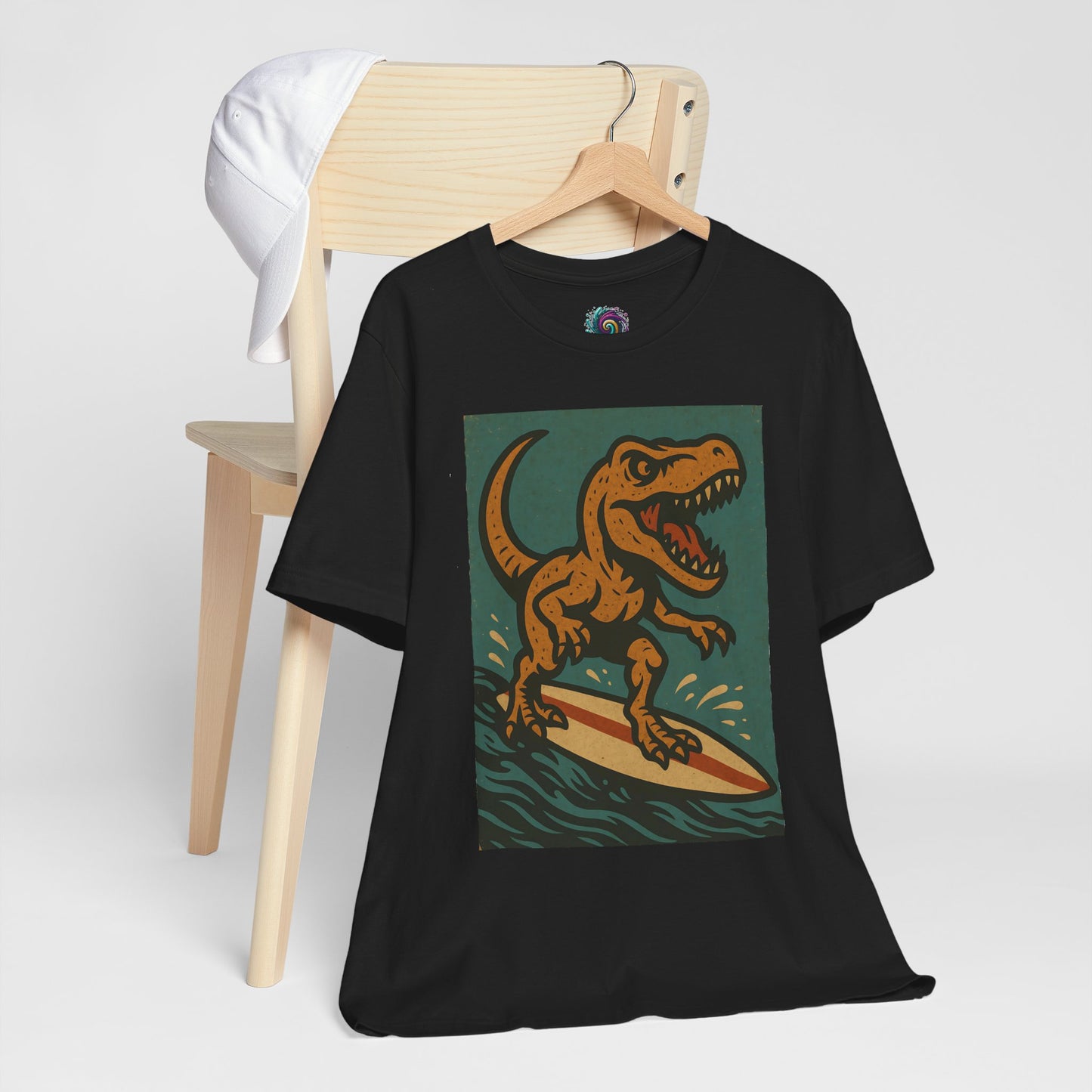 Surfing T-Rex T-Shirt – Funny Dinosaur Graphic Tee for Summer Vibes - WhimSpin - https://whimspin.com