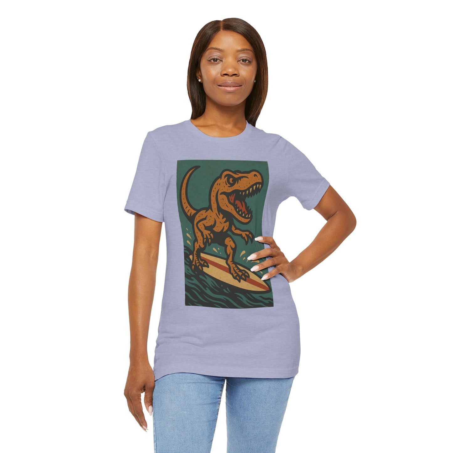 Surfing T-Rex T-Shirt – Funny Dinosaur Graphic Tee for Summer Vibes - WhimSpin - https://whimspin.com