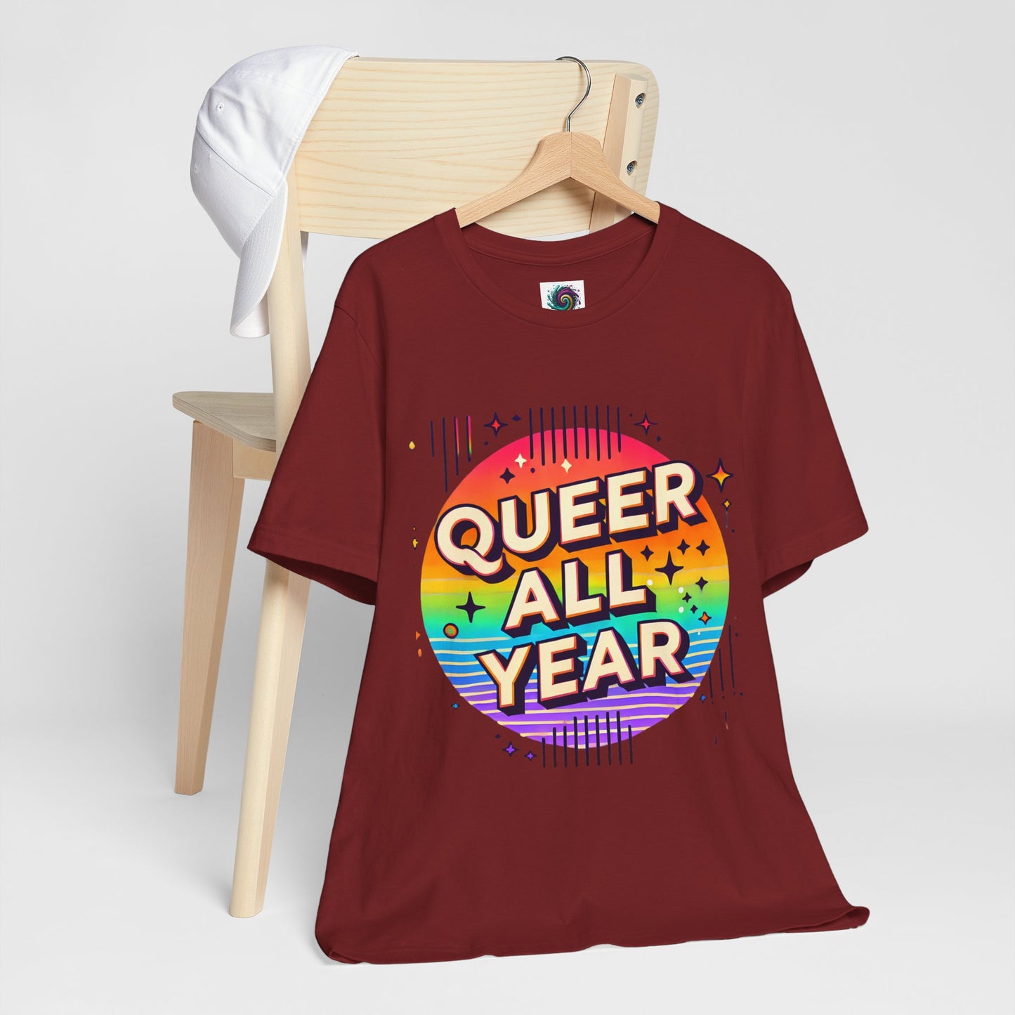 Queer All Year Tee – Retro Rainbow LGBTQ+ Graphic Shirt