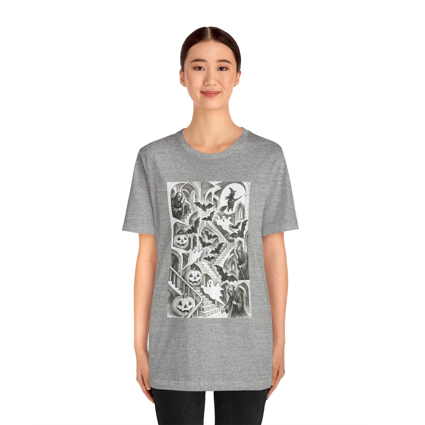 Haunted Hallways T-Shirt – Escher-Inspired Halloween Graphic Tee
