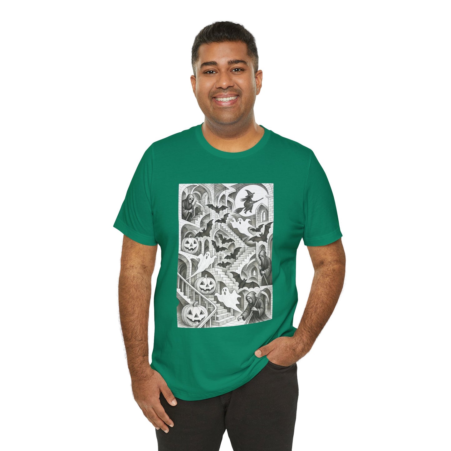 Haunted Hallways T-Shirt – Escher-Inspired Halloween Graphic Tee