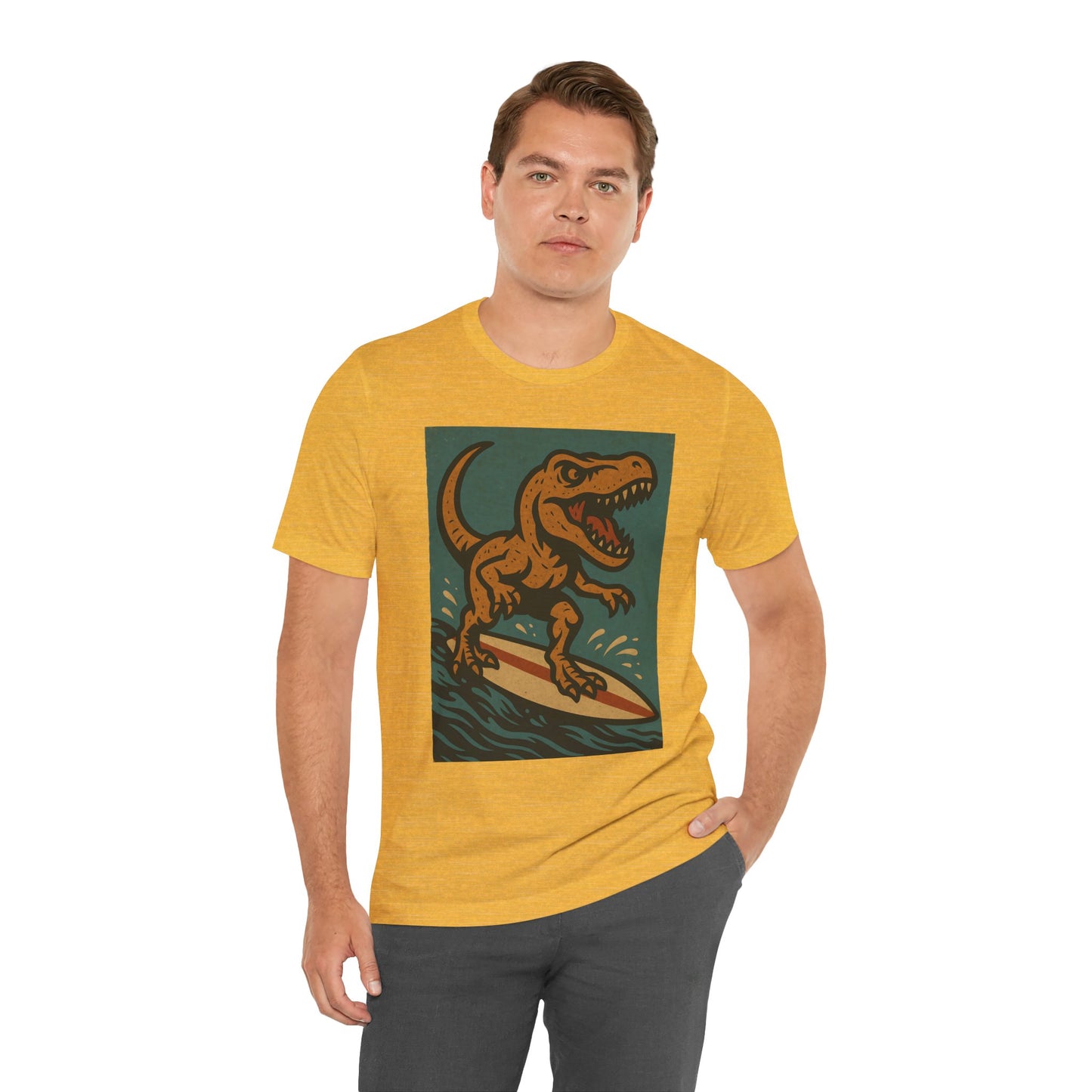 Surfing T-Rex T-Shirt – Funny Dinosaur Graphic Tee for Summer Vibes - WhimSpin - https://whimspin.com