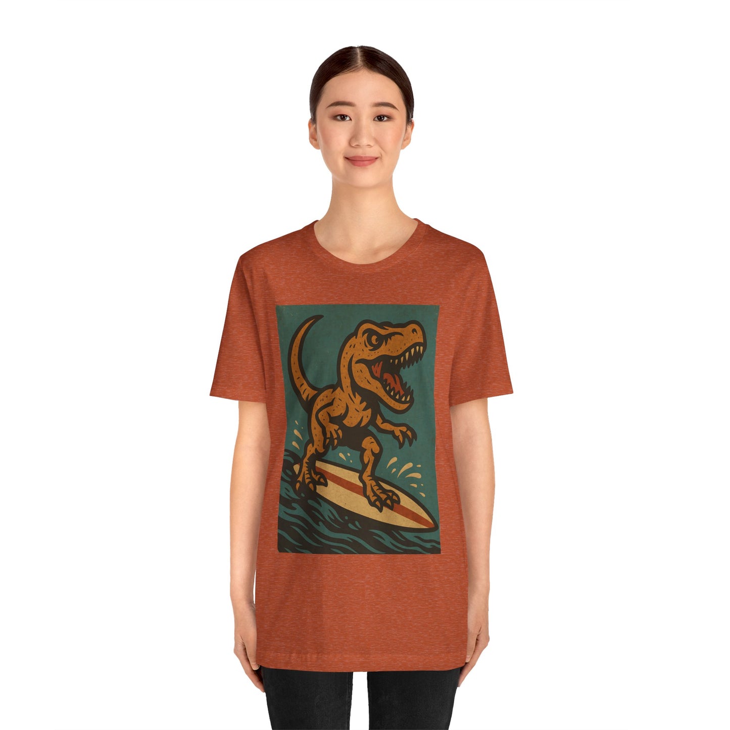 Surfing T-Rex T-Shirt – Funny Dinosaur Graphic Tee for Summer Vibes - WhimSpin - https://whimspin.com