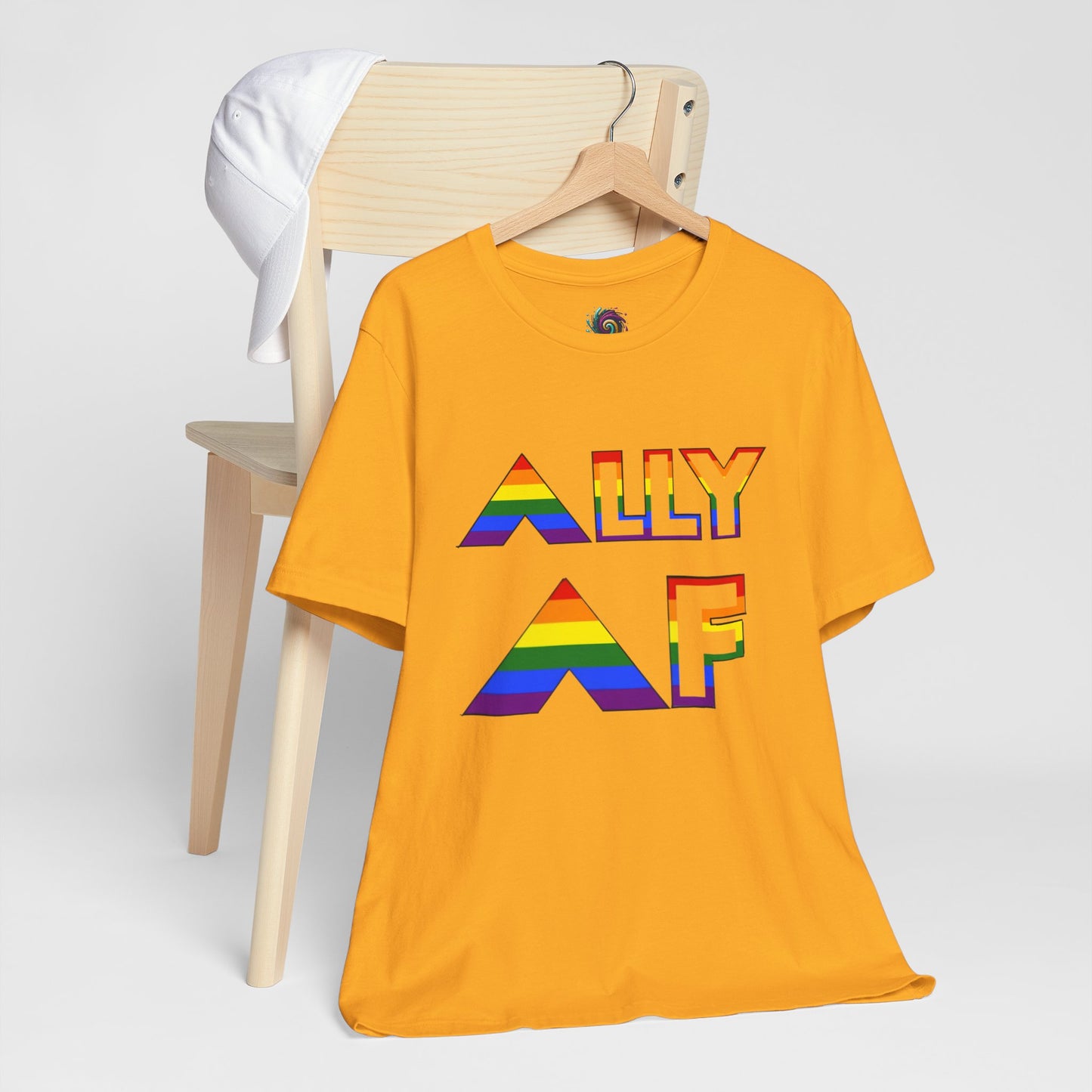 Yellow/Gold Ally AF shirt with rainbow letters by WhimSpin