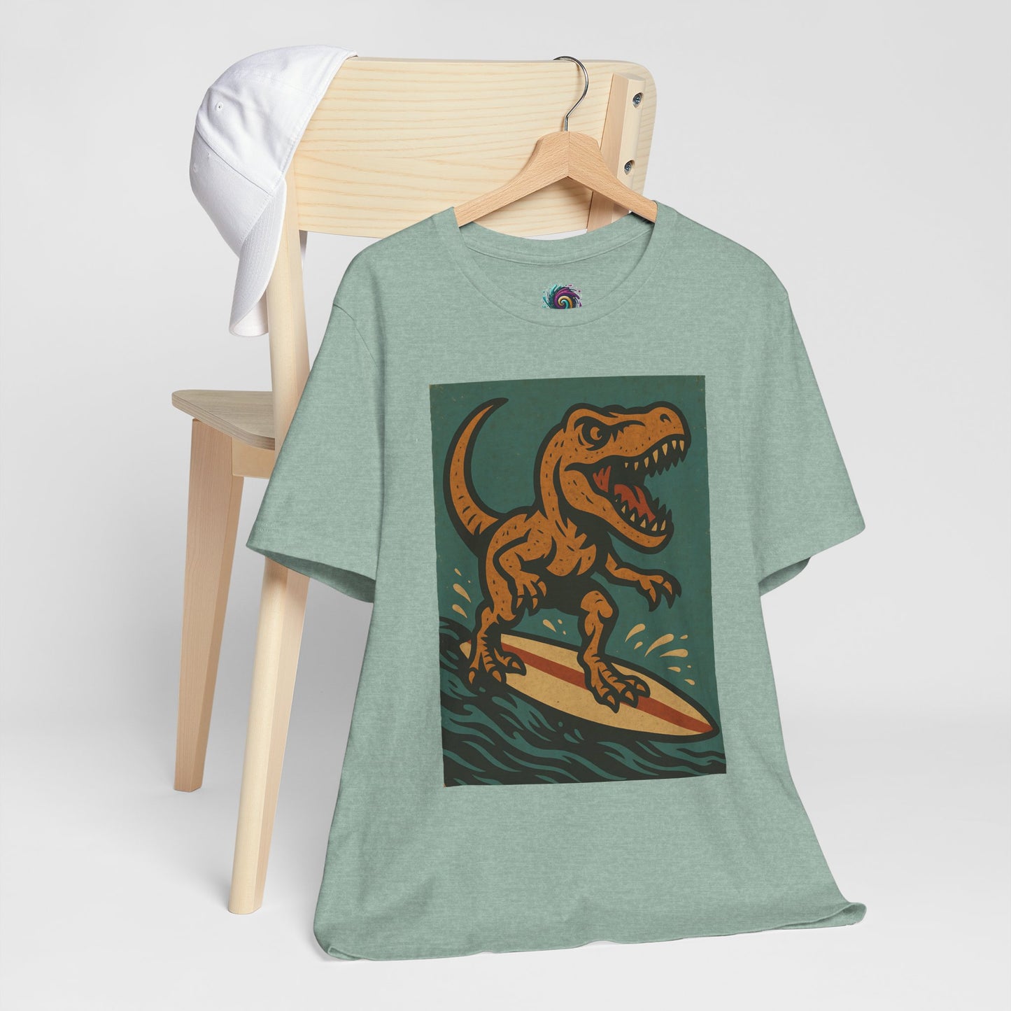 Surfing T-Rex T-Shirt – Funny Dinosaur Graphic Tee for Summer Vibes - WhimSpin - https://whimspin.com