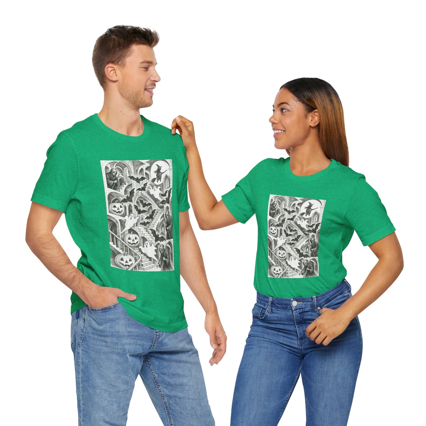 Haunted Hallways T-Shirt – Escher-Inspired Halloween Graphic Tee