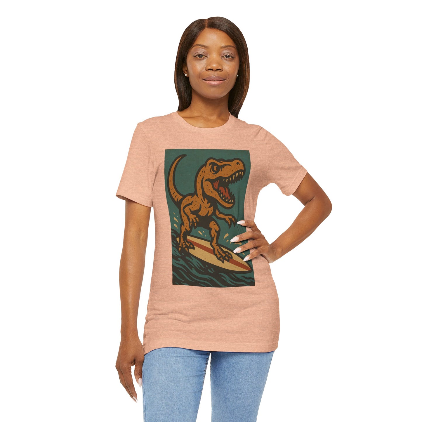 Surfing T-Rex T-Shirt – Funny Dinosaur Graphic Tee for Summer Vibes - WhimSpin - https://whimspin.com