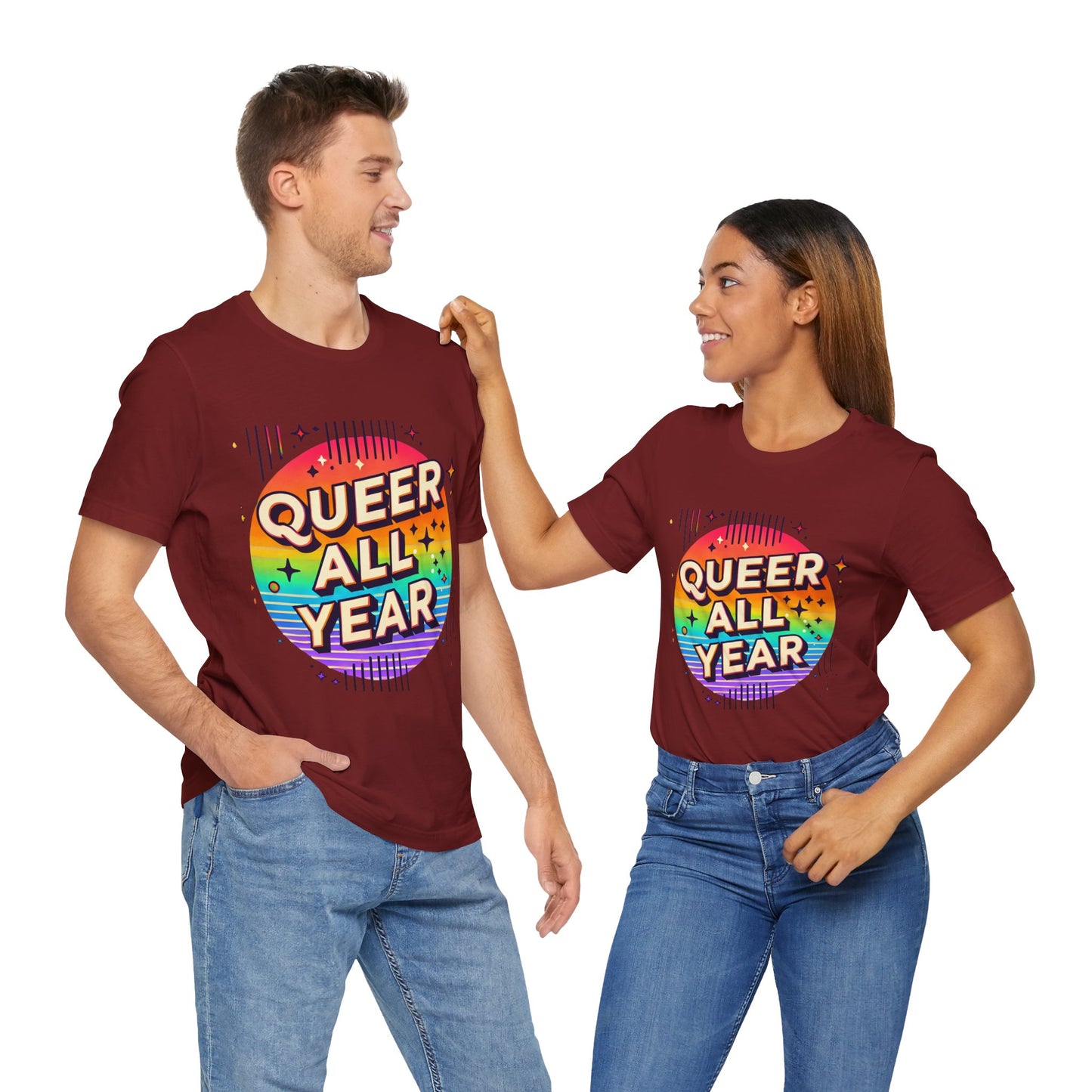 Queer All Year Tee – Retro Rainbow LGBTQ+ Graphic Shirt