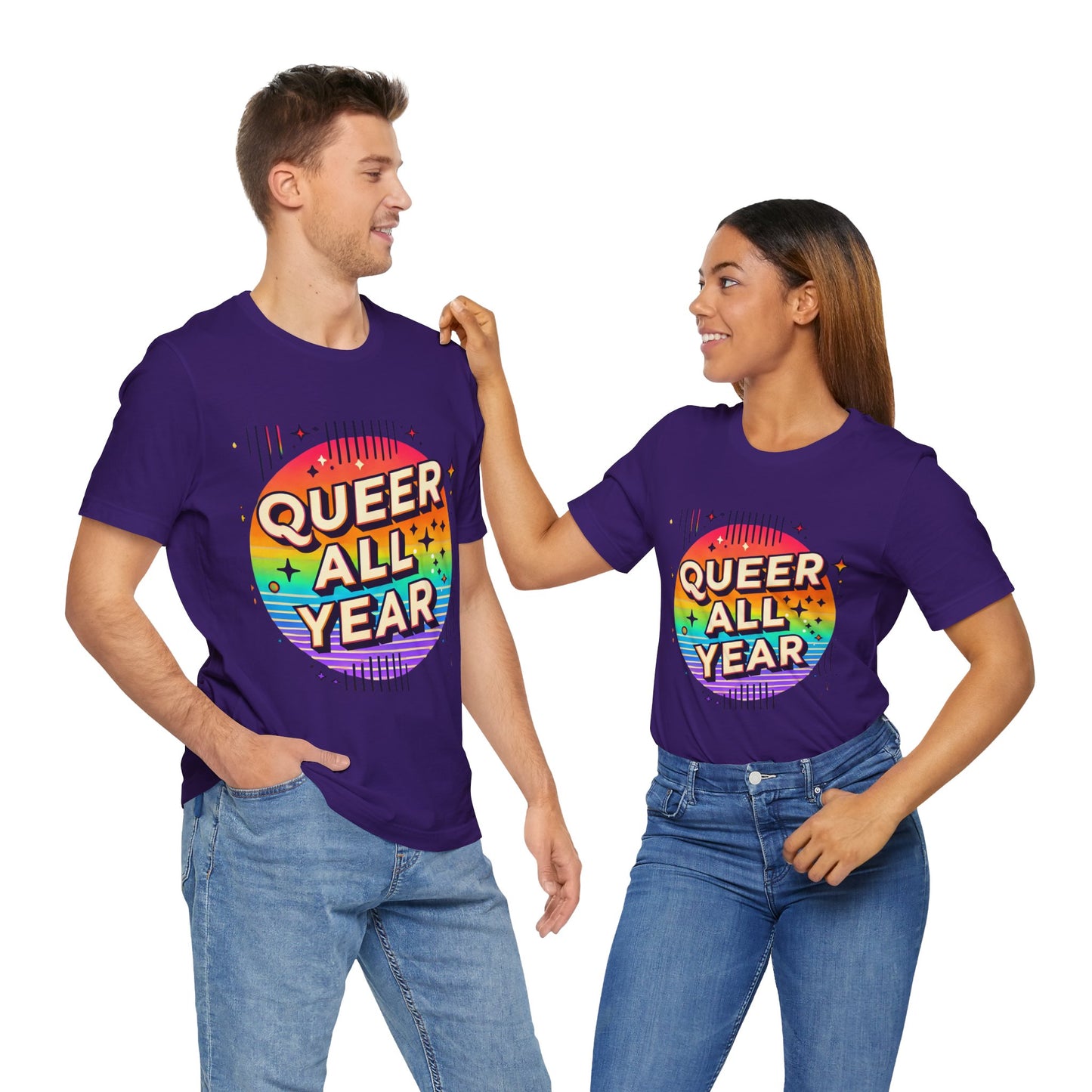 Queer All Year Tee – Retro Rainbow LGBTQ+ Graphic Shirt