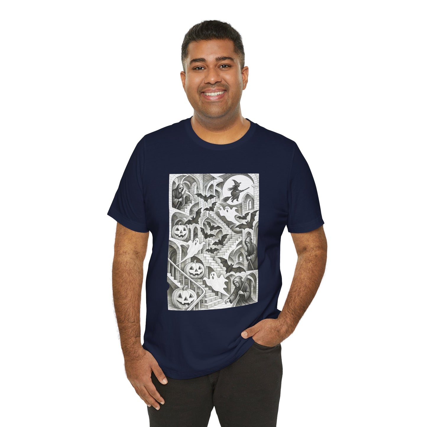 Haunted Hallways T-Shirt – Escher-Inspired Halloween Graphic Tee
