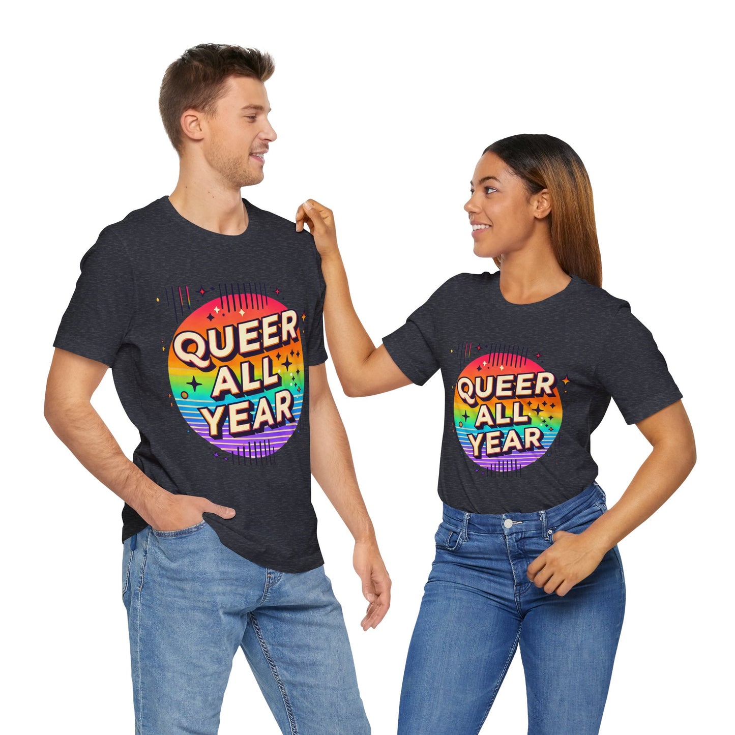 Queer All Year Tee – Retro Rainbow LGBTQ+ Graphic Shirt - WhimSpin
