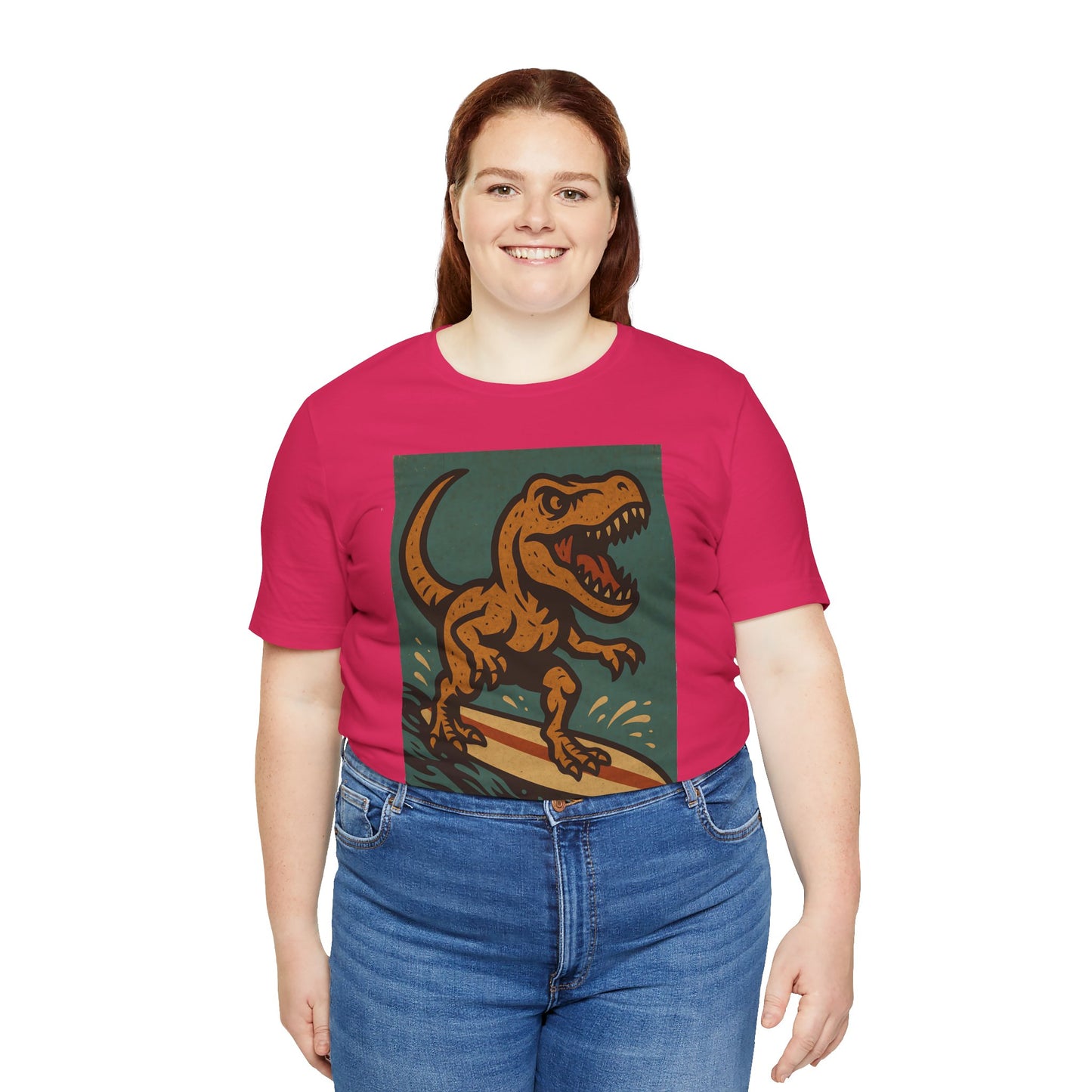 Surfing T-Rex T-Shirt – Funny Dinosaur Graphic Tee for Summer Vibes - WhimSpin - https://whimspin.com