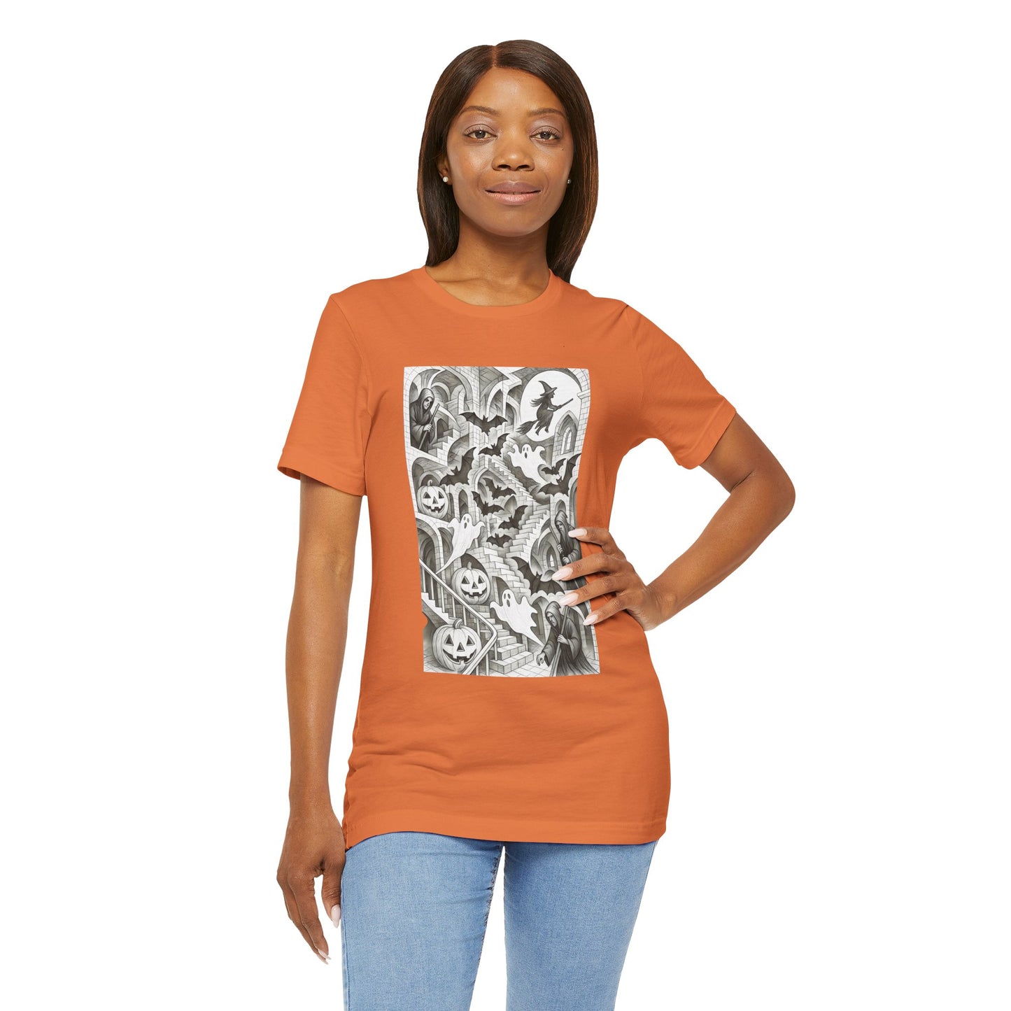 Haunted Hallways T-Shirt – Escher-Inspired Halloween Graphic Tee