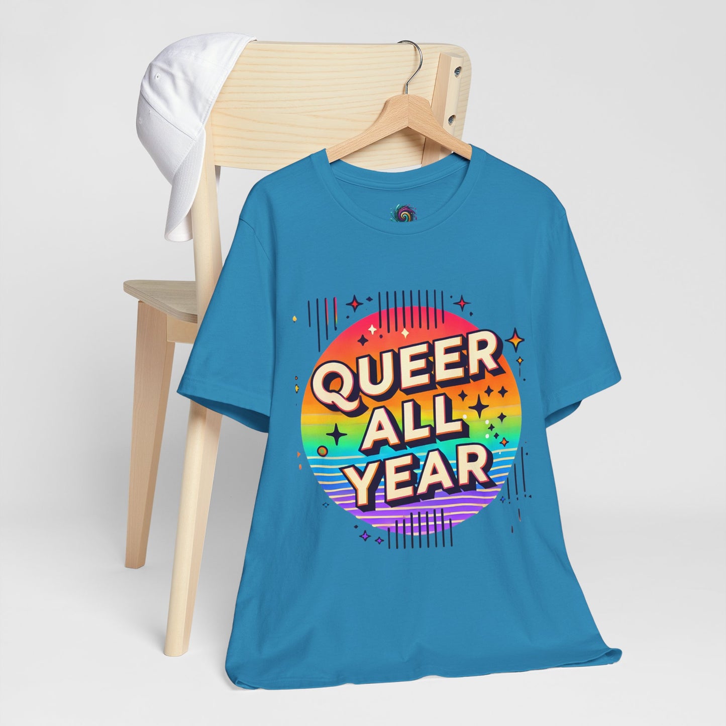 Queer All Year Tee – Retro Rainbow LGBTQ+ Graphic Shirt