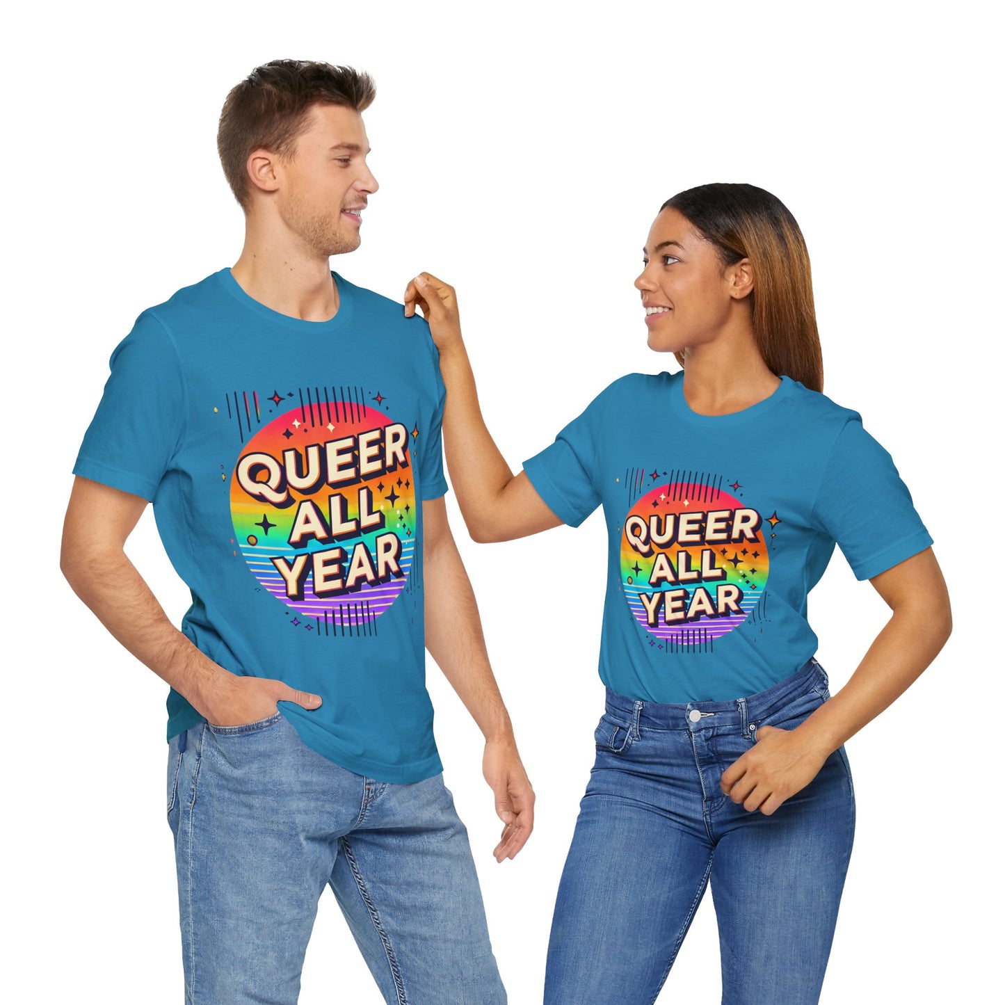 Queer All Year Tee – Retro Rainbow LGBTQ+ Graphic Shirt