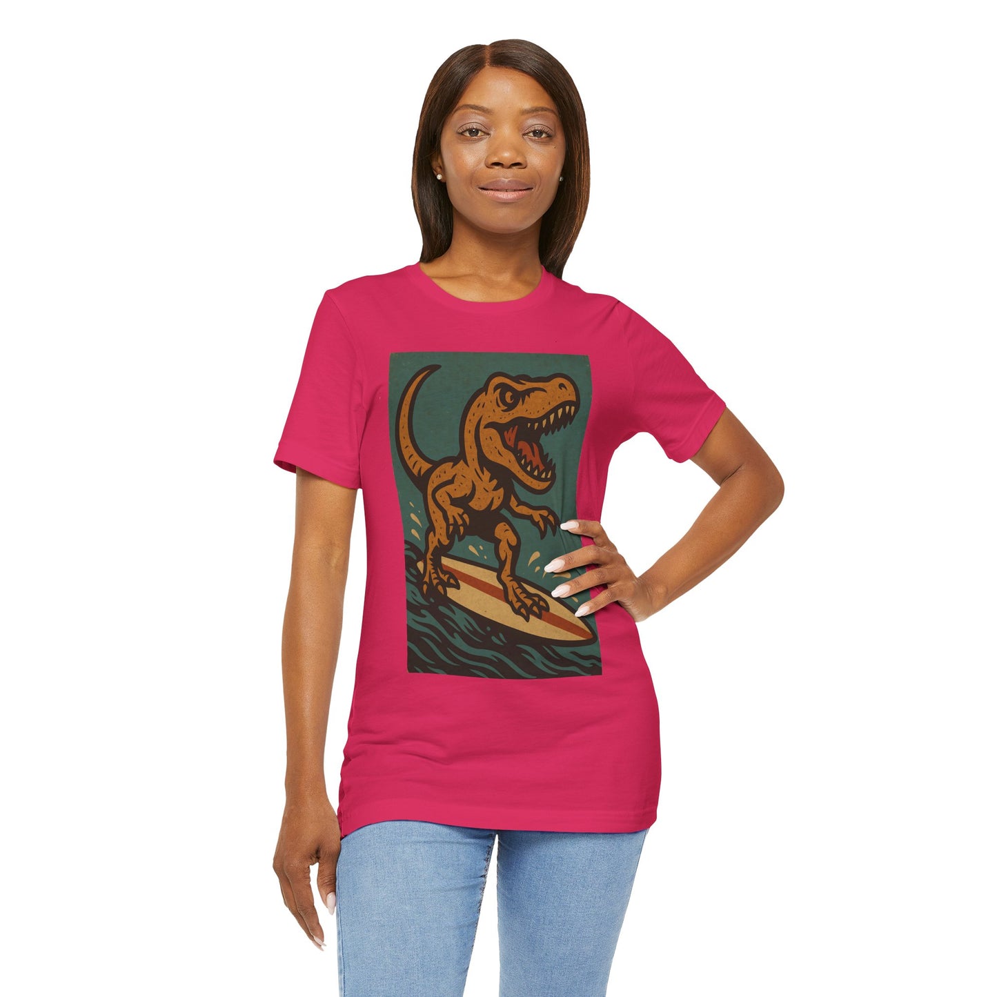 Surfing T-Rex T-Shirt – Funny Dinosaur Graphic Tee for Summer Vibes - WhimSpin - https://whimspin.com