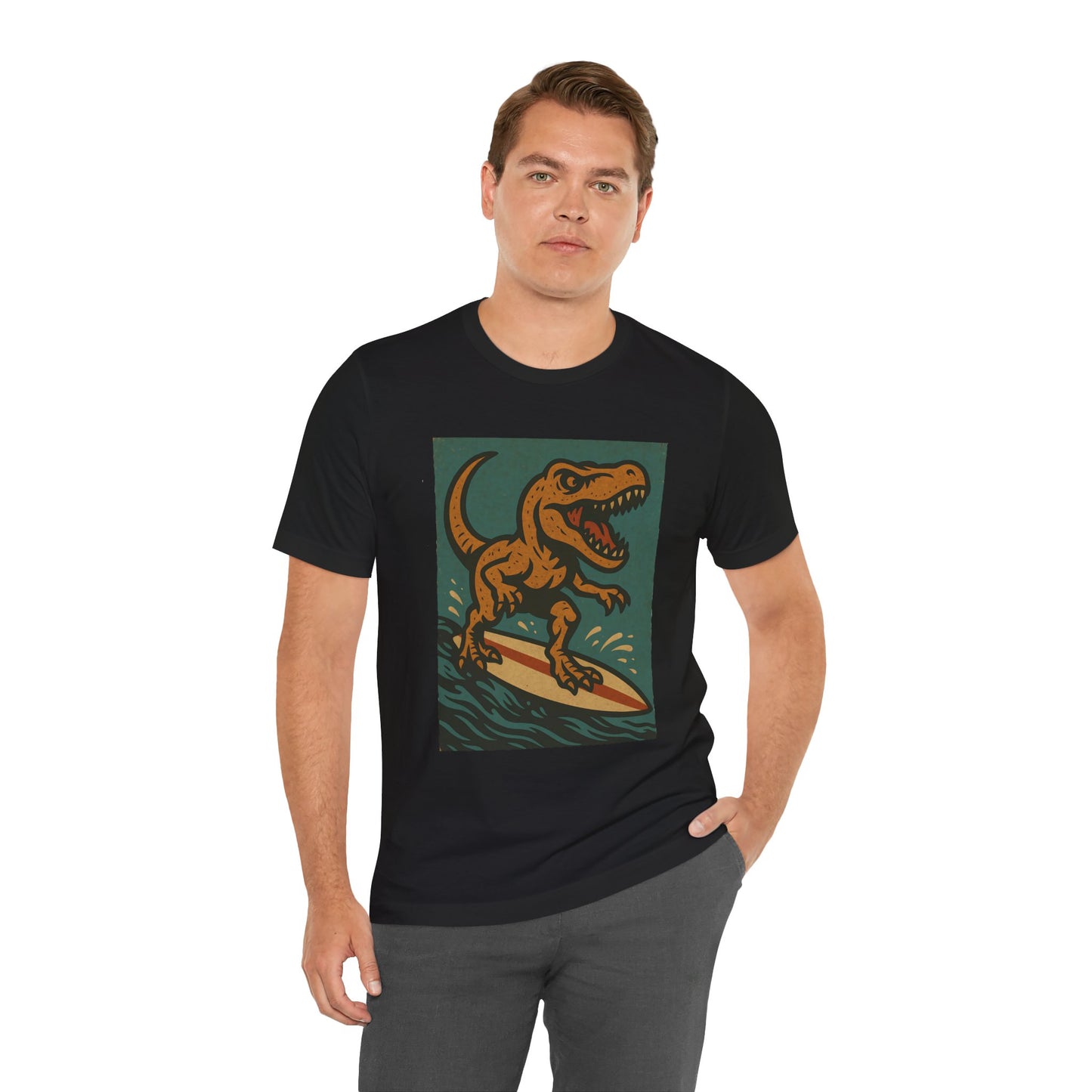 Surfing T-Rex T-Shirt – Funny Dinosaur Surfing Graphic Tee