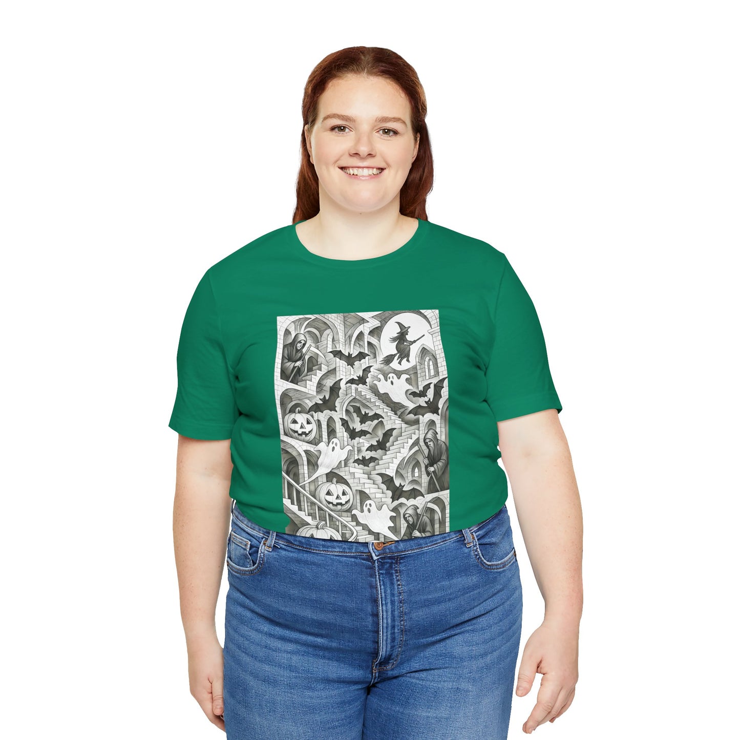Haunted Hallways T-Shirt – Escher-Inspired Halloween Graphic Tee
