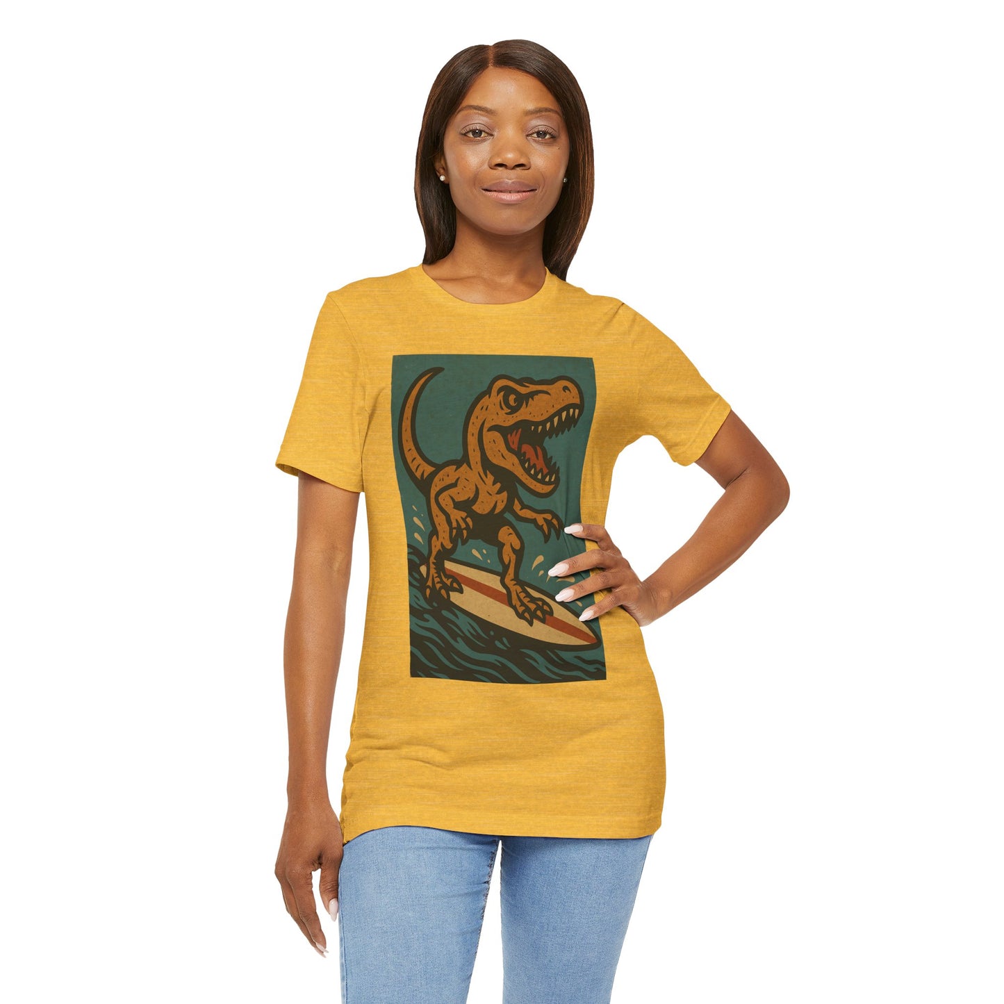 Surfing T-Rex T-Shirt – Funny Dinosaur Graphic Tee for Summer Vibes - WhimSpin - https://whimspin.com