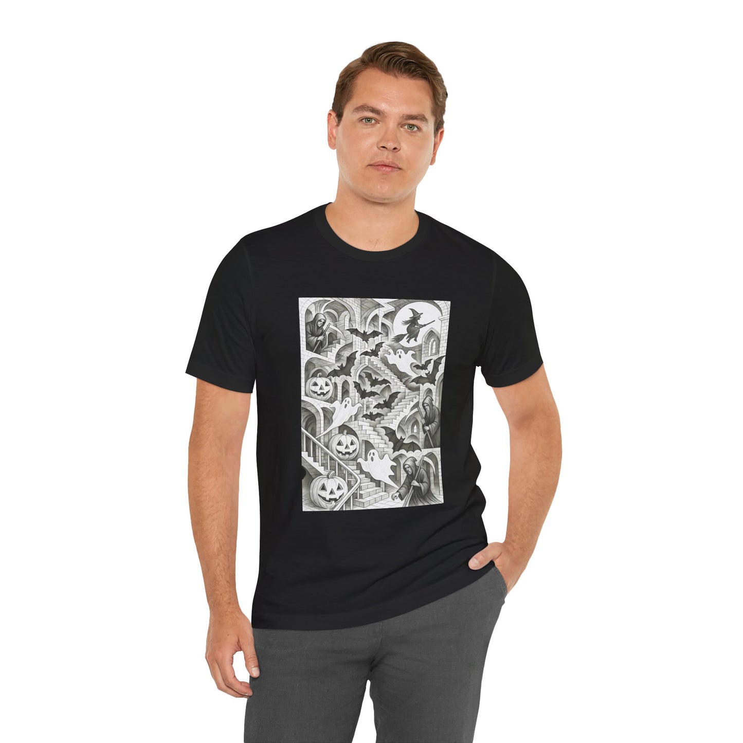 Haunted Hallways T-Shirt – Escher-Inspired Halloween Graphic Tee